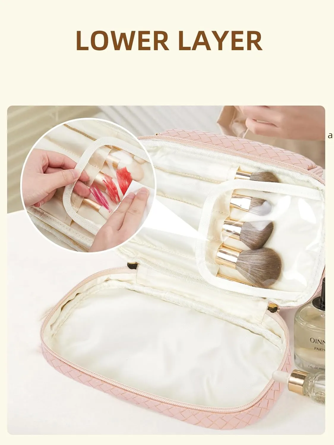 Telena Makeup Bag Large Capacity Travel Cosmetic Bags Double Layer Portable Leather Make Up Bag for Women (Pink - Woven)