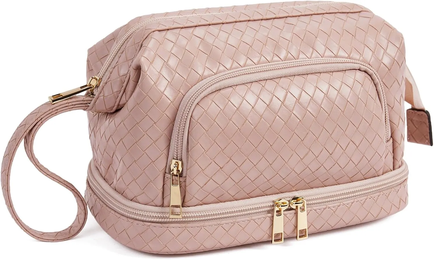 Telena Makeup Bag Large Capacity Travel Cosmetic Bags Double Layer Portable Leather Make Up Bag for Women (Pink - Woven)