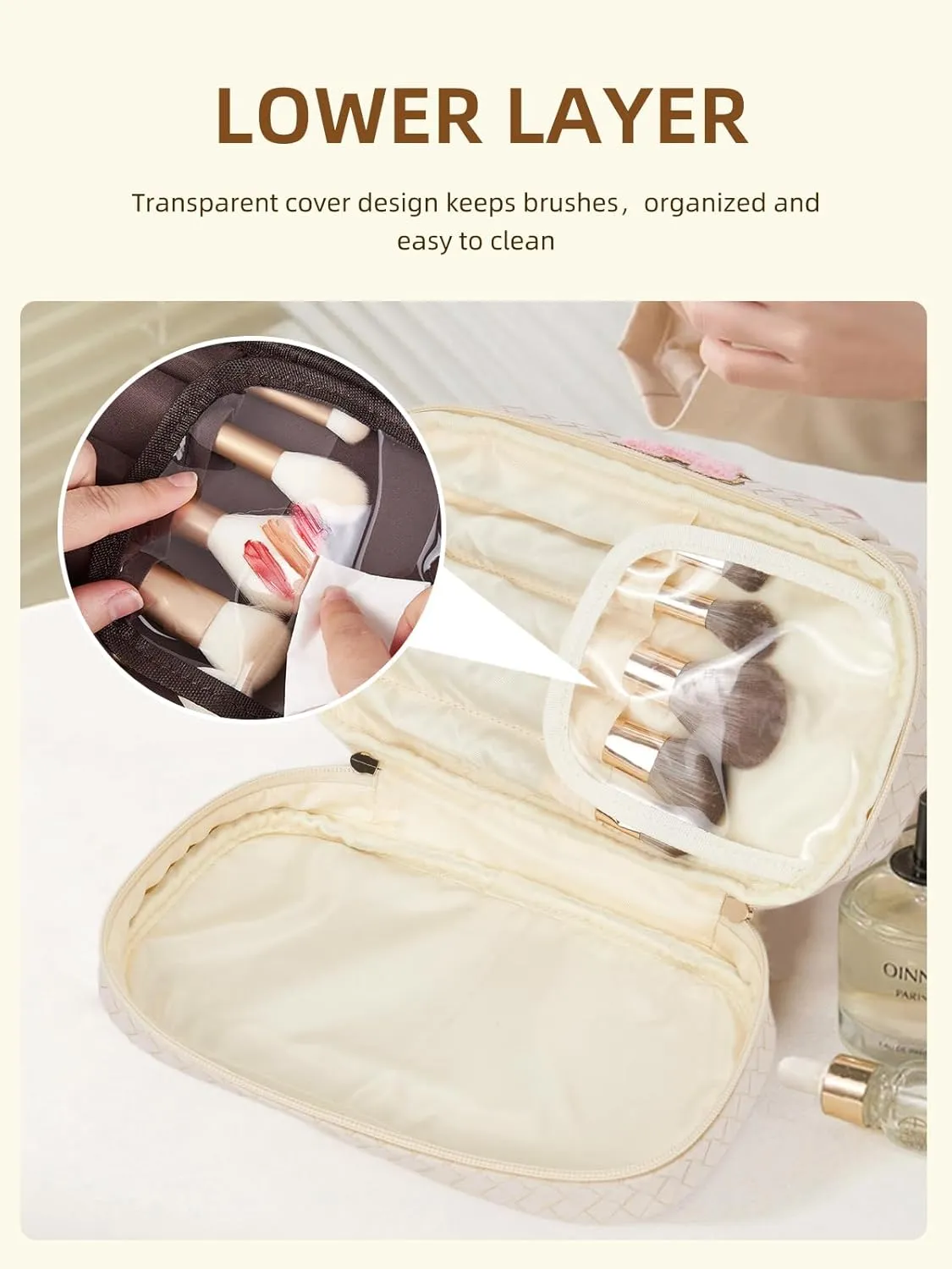 Telena Makeup Bag Large Capacity Travel Cosmetic Bags Double Layer Portable Make Up Bag for Women Beige-A
