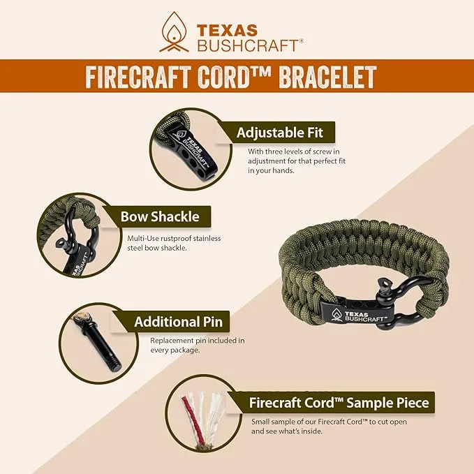 Texas Bushcraft Fire Starter Survival Kit - Ferro Rod Flint Fire Steel, Striker Tool | Cowhide Leather Tinder Bag | Emergency Paracord Bracelet Camping Gear