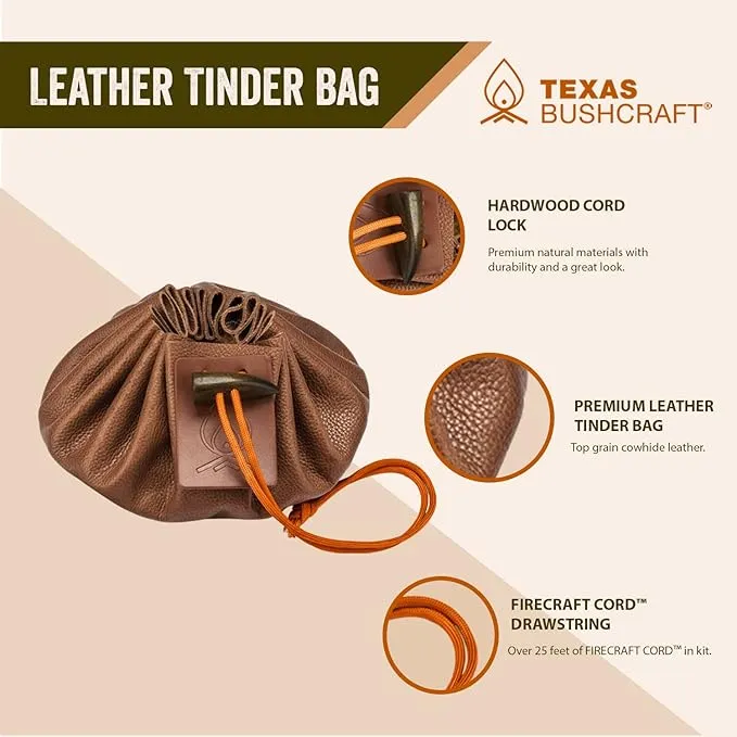 Texas Bushcraft Fire Starter Survival Kit - Ferro Rod Flint Fire Steel, Striker Tool | Cowhide Leather Tinder Bag | Emergency Paracord Bracelet Camping Gear