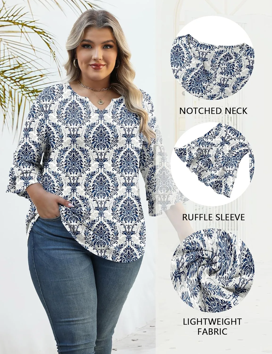 TFSDOD Plus Size Tops for Women V Neck 3/4 Sleeve Dressy Tunics Business Casual Double Layers Shirts(1XL-5XL