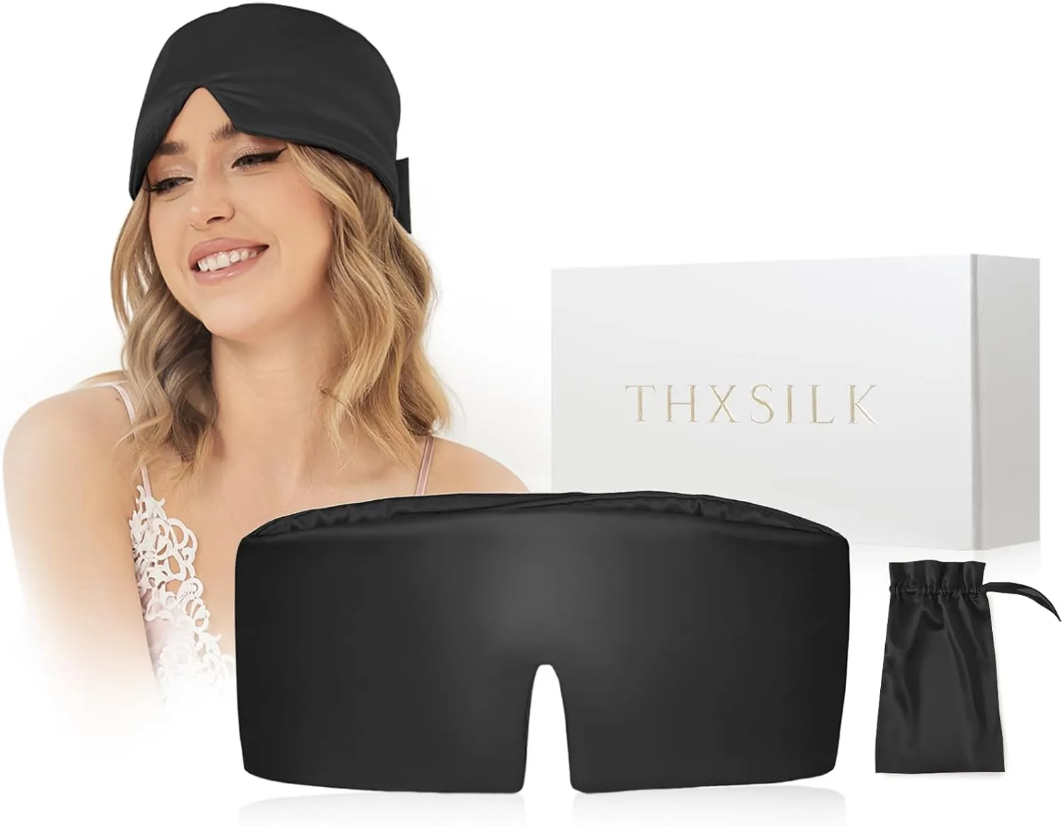 THXSILK 6A  Grade 22 Momme Silk Sleep Mask, 100% Mulberry Blackout Eye Mask for Sleeping, Large Size Silk Eye Cover for Women, Men, Travel, Nap, Airplane(4.7×27.5inches, Black)