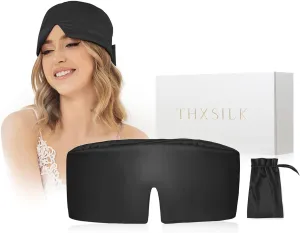 THXSILK 6A  Grade 22 Momme Silk Sleep Mask, 100% Mulberry Blackout Eye Mask for Sleeping, Large Size Silk Eye Cover for Women, Men, Travel, Nap, Airplane(4.7×27.5inches, Black)
