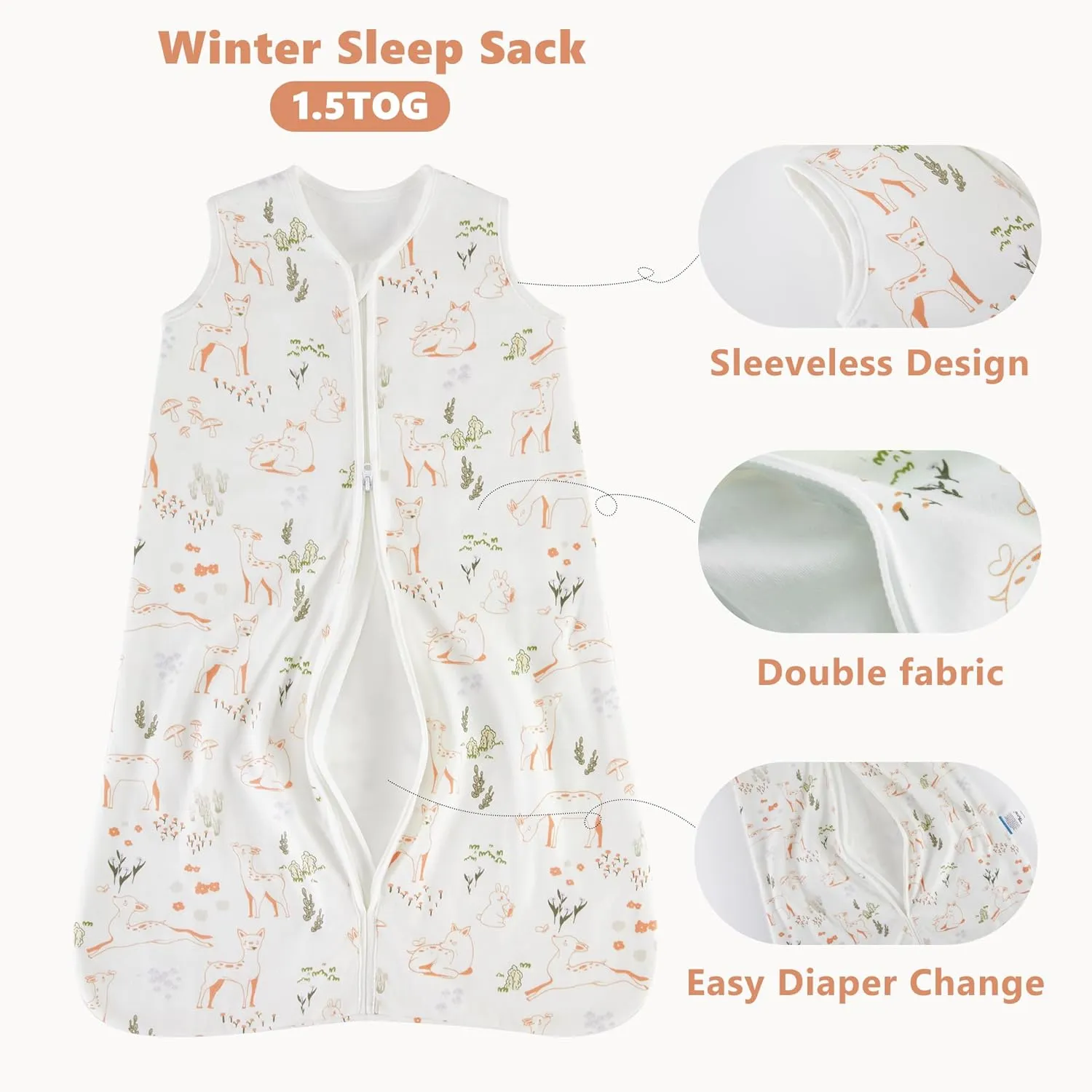 TILLYOU Baby Sleep Sack 18-24 Months TOG 1.5, 100% Cotton Soft Double Zipper Warm Sleeping Sack, Mischievous deer