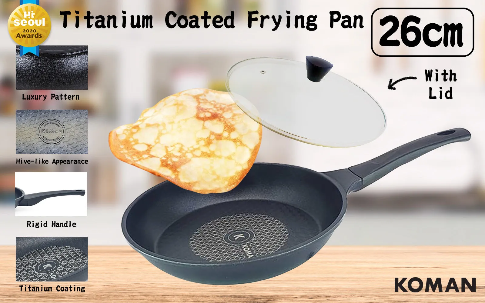 Titanium Best-priced Pan Non-Stick Lid Frying Glass 26cm   Extensive catalog KOMAN Coating