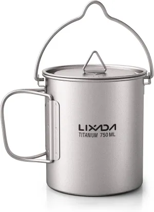 Titanium Cup, Ultralight 750ml Titanium Pot Portable Titanium Water Mug Cup with Lid and Foldable Handle Outdoor Camping Cooking Picnic