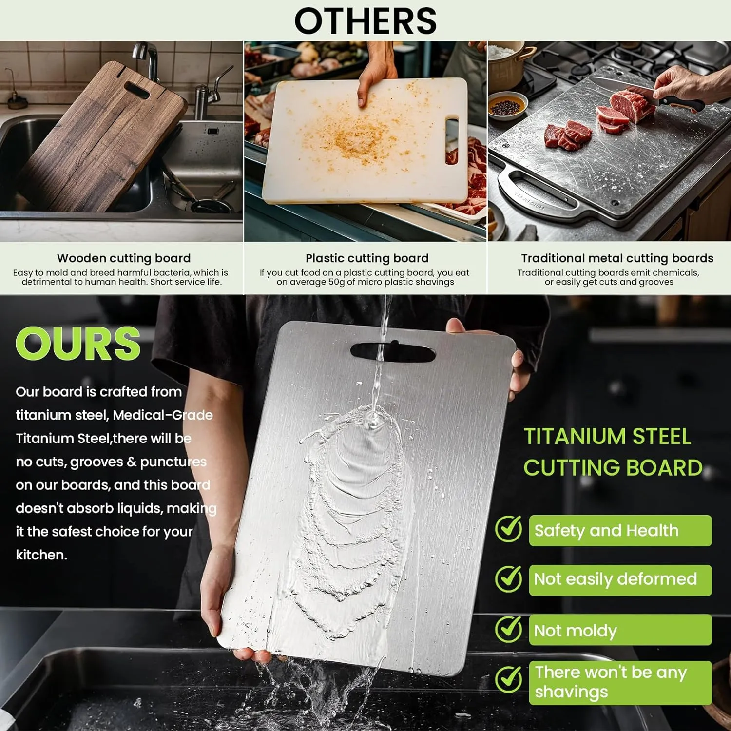 Titanium Cutting Board, 2025 New Upgrade 100% Pure Titanium Cutting Boards for Kitchen, Hygiene & Durability Non Stick Chopping Board, Double sided Cutting Board, Easy to Clean (13 * 9)