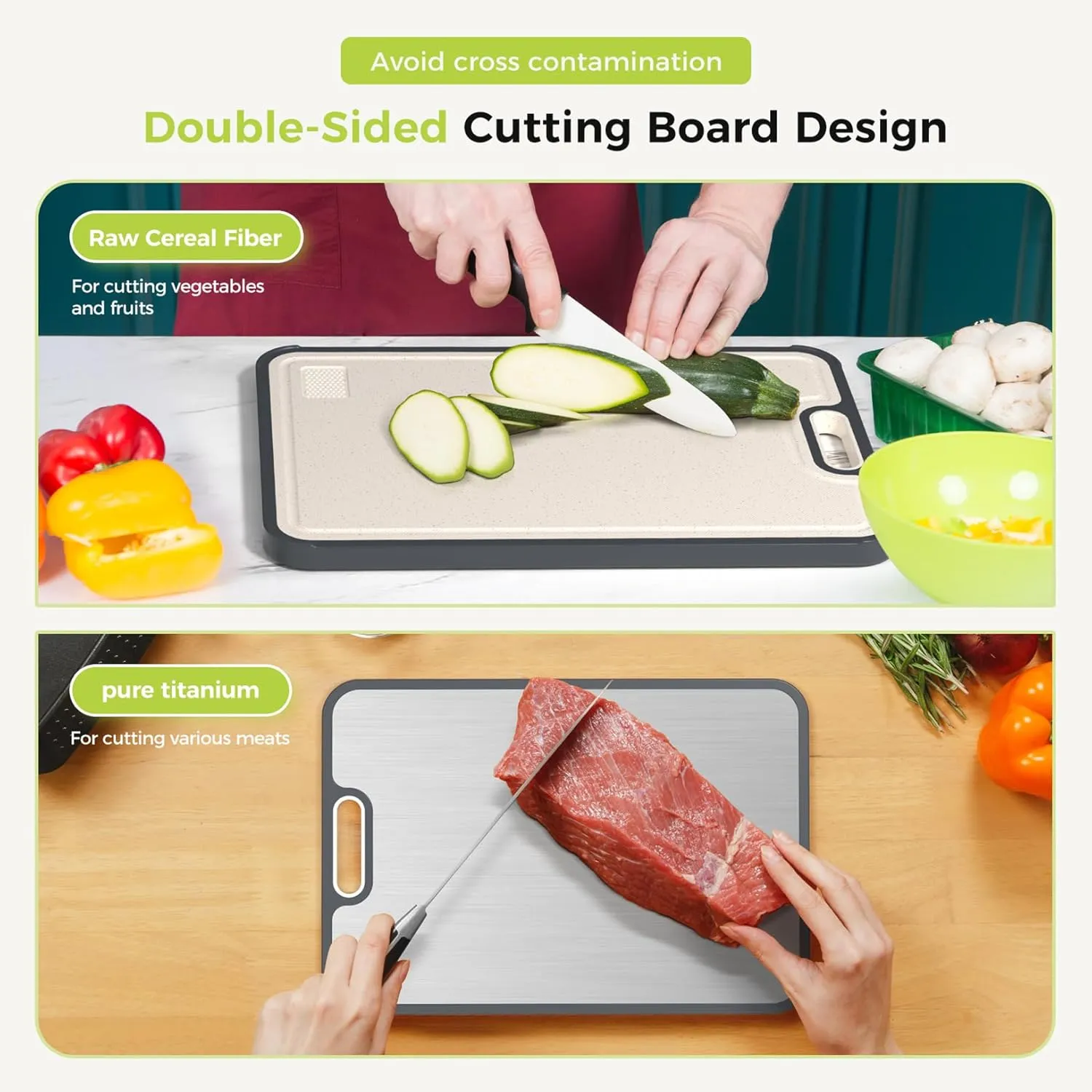 Titanium Cutting Boards for Kitchen, Cutting Board Double Sided Food Grade, Pure Titanium and Wheat Straw PP, Dishwasher Safe Easy to Clean Large Size 16”×11”