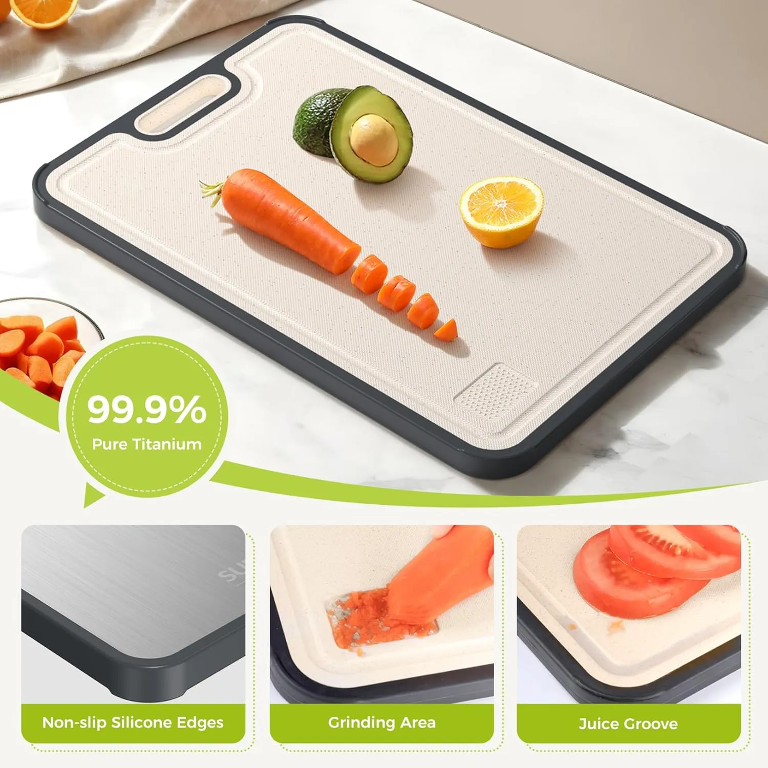 Titanium Cutting Boards for Kitchen, Cutting Board Double Sided Food Grade, Pure Titanium and Wheat Straw PP, Dishwasher Safe Easy to Clean Large Size 16”×11”
