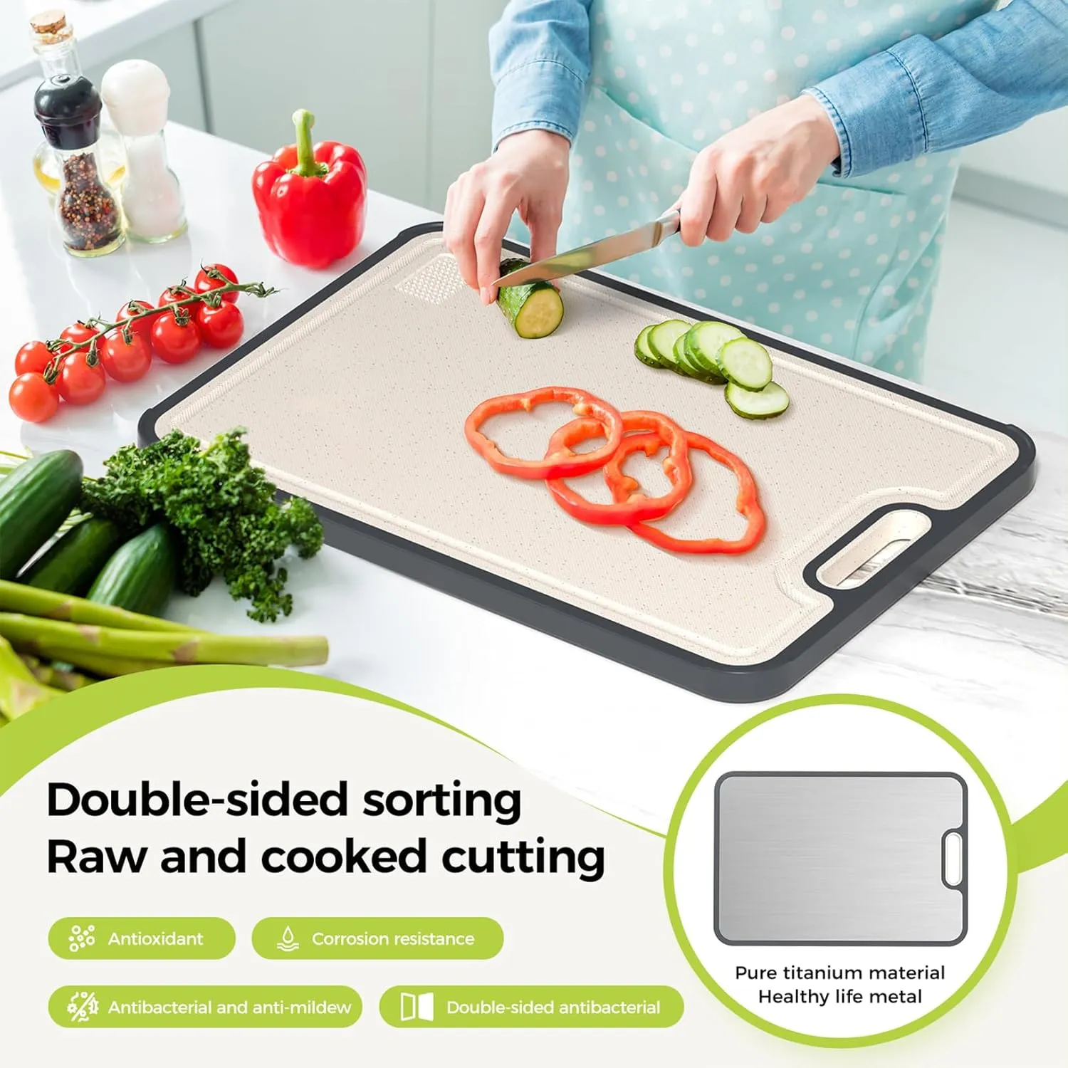 Titanium Cutting Boards for Kitchen, Cutting Board Double Sided Food Grade, Pure Titanium and Wheat Straw PP, Dishwasher Safe Easy to Clean Large Size 16”×11”