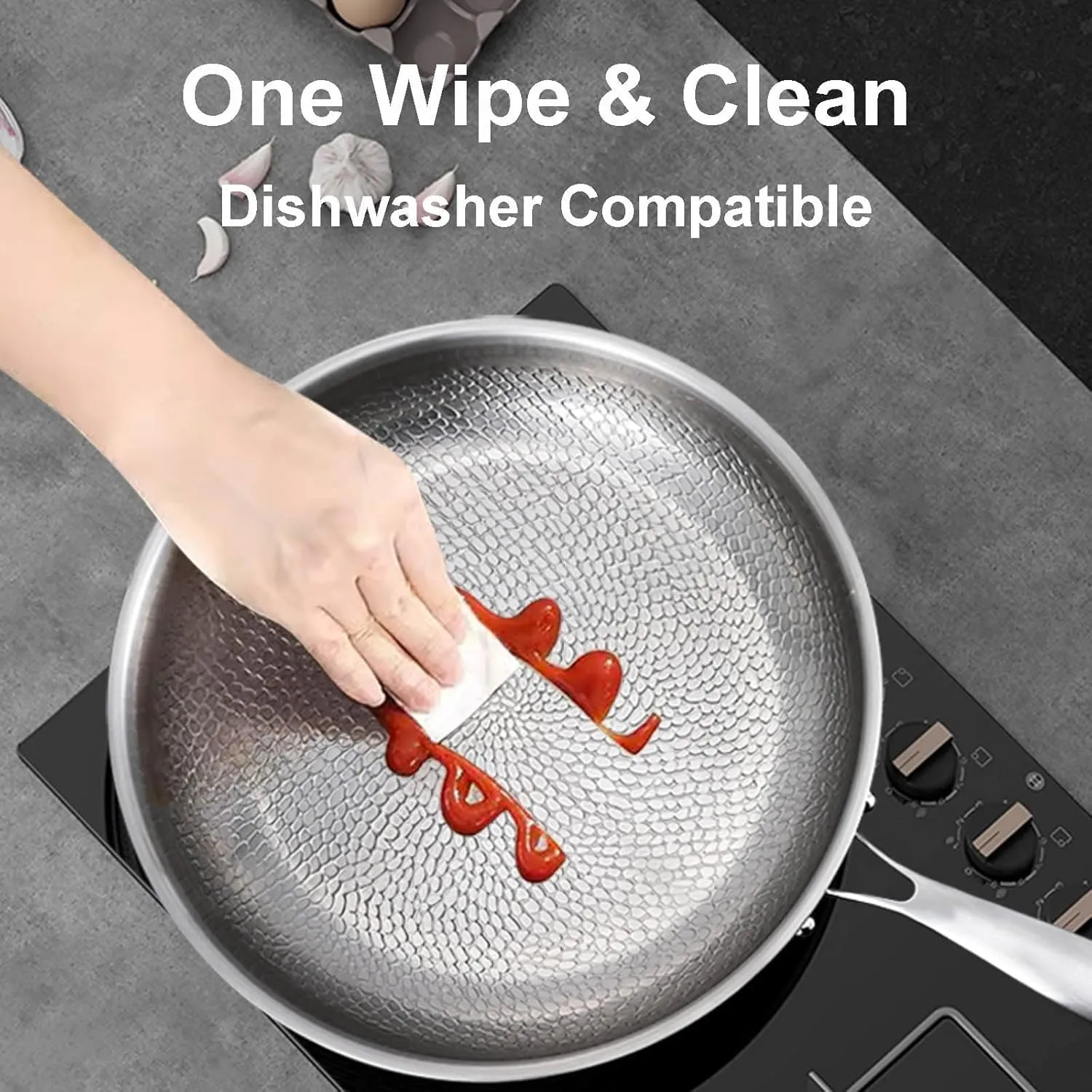 Titanium Hammered Pan Pro, Siraat Pure Titanium Pan Hammered Pattern Dishwasher-Friendly, Pure Titaniums Fry Pans, Compatible With All Cooktops (30CM WITHOUT COVER)