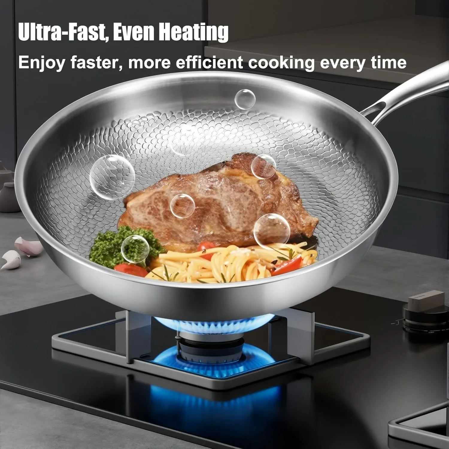 Titanium Hammered Pan Pro, Siraat Pure Titanium Pan Hammered Pattern Dishwasher-Friendly, Pure Titaniums Fry Pans, Compatible With All Cooktops (30CM WITHOUT COVER)