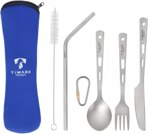 Titanium Knife Fork Spoon Drinking Straw Ultra-Light Weight Tableware Durable Flatware Cutlery Set w. with Carabiner clip Reusable Eco-friendly for hiking camping scouting outdoor sports long lasting