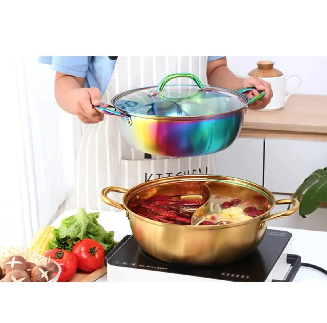 Titanium Plated Hot Pot – Dual-Section Stainless Steel Cookware