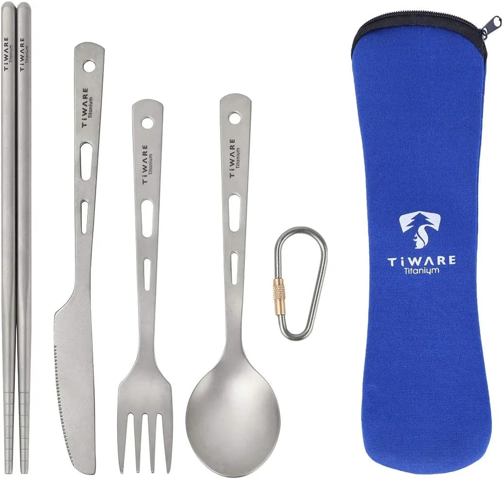 Titanium Ultra-Light Weight Tableware Durable Knife Fork Spoon Chopsticks Cutlery Set with with with Carabiner clip Reusable Rust proof for hiking camping scouting outdoor sports Eco-friendly w. pouch