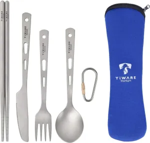 Titanium Ultra-Light Weight Tableware Durable Knife Fork Spoon Chopsticks Cutlery Set with with with Carabiner clip Reusable Rust proof for hiking camping scouting outdoor sports Eco-friendly w. pouch