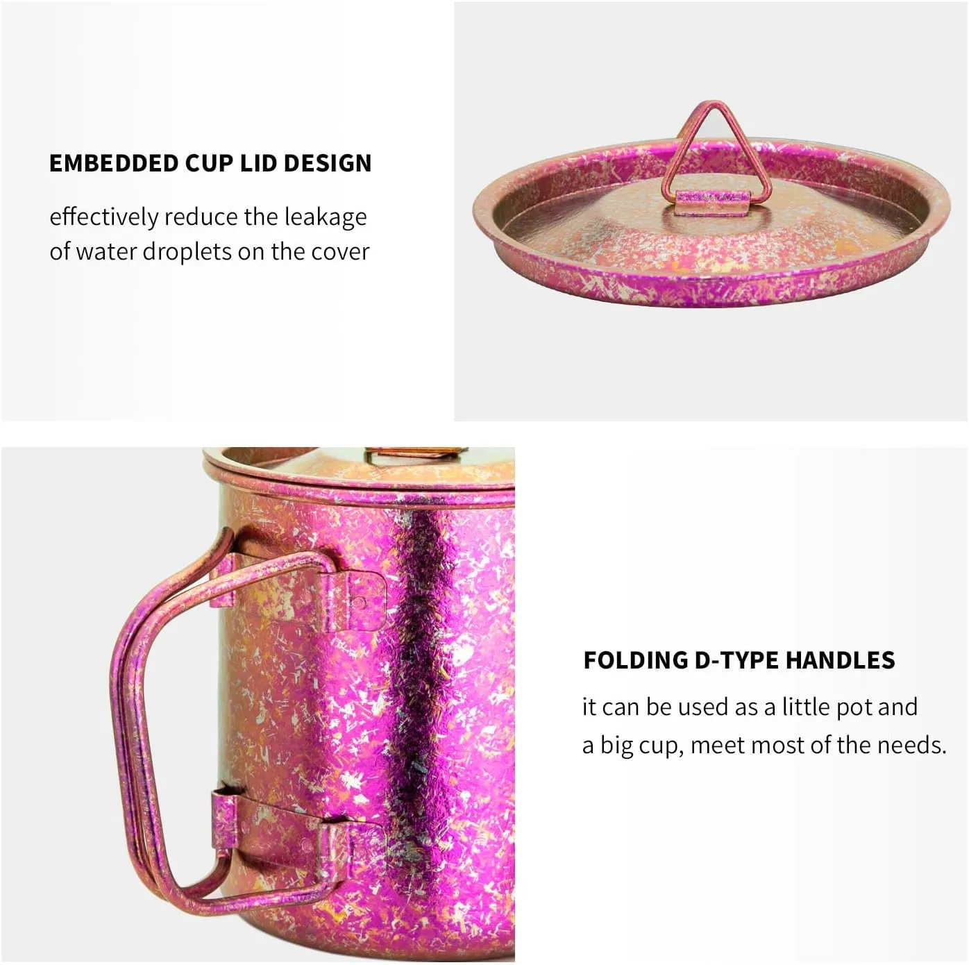 TiTo Titanium Cup Titanium Pot with Lid Ultralight Portable 300ml Foldable Handle Camping Tea Coffee Water Mug for Outdoor Backpacking Hiking Picnic Drinkware with Mesh Sack (Rose Red)