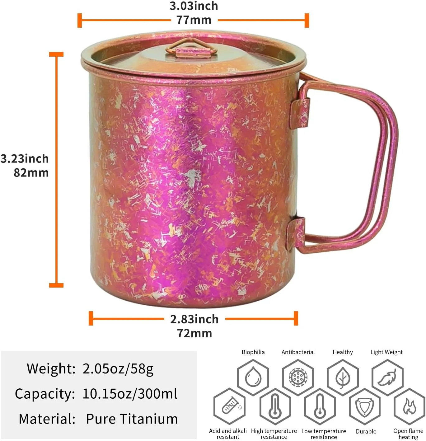 TiTo Titanium Cup Titanium Pot with Lid Ultralight Portable 300ml Foldable Handle Camping Tea Coffee Water Mug for Outdoor Backpacking Hiking Picnic Drinkware with Mesh Sack (Rose Red)