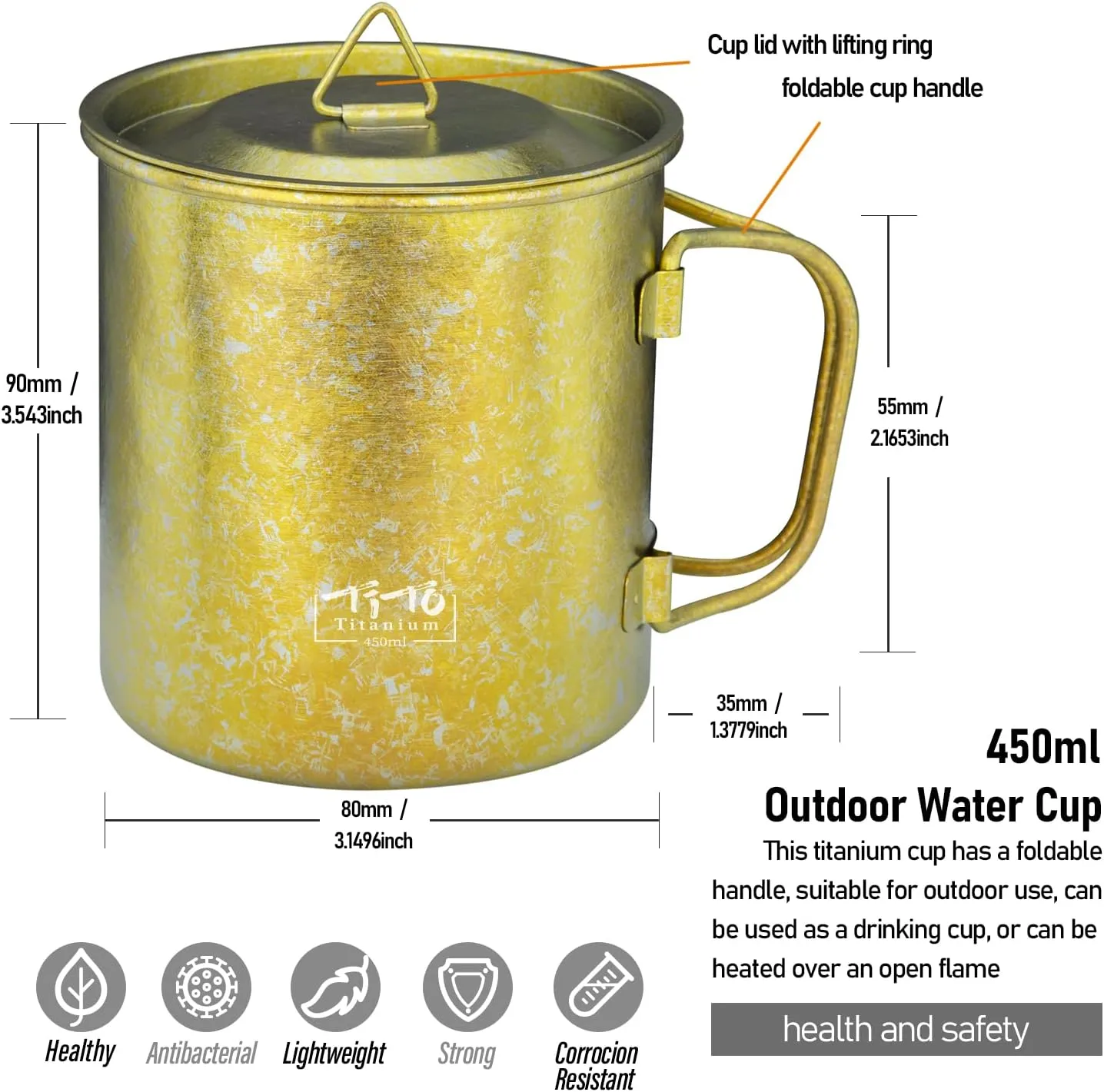 TiTo Titanium Cup Titanium Pot with Lid Ultralight Portable 450ml Foldable Handle Camping Tea Coffee Water Mug for Outdoor Backpacking Hiking Picnic Drinkware with Mesh Sack (Gold)
