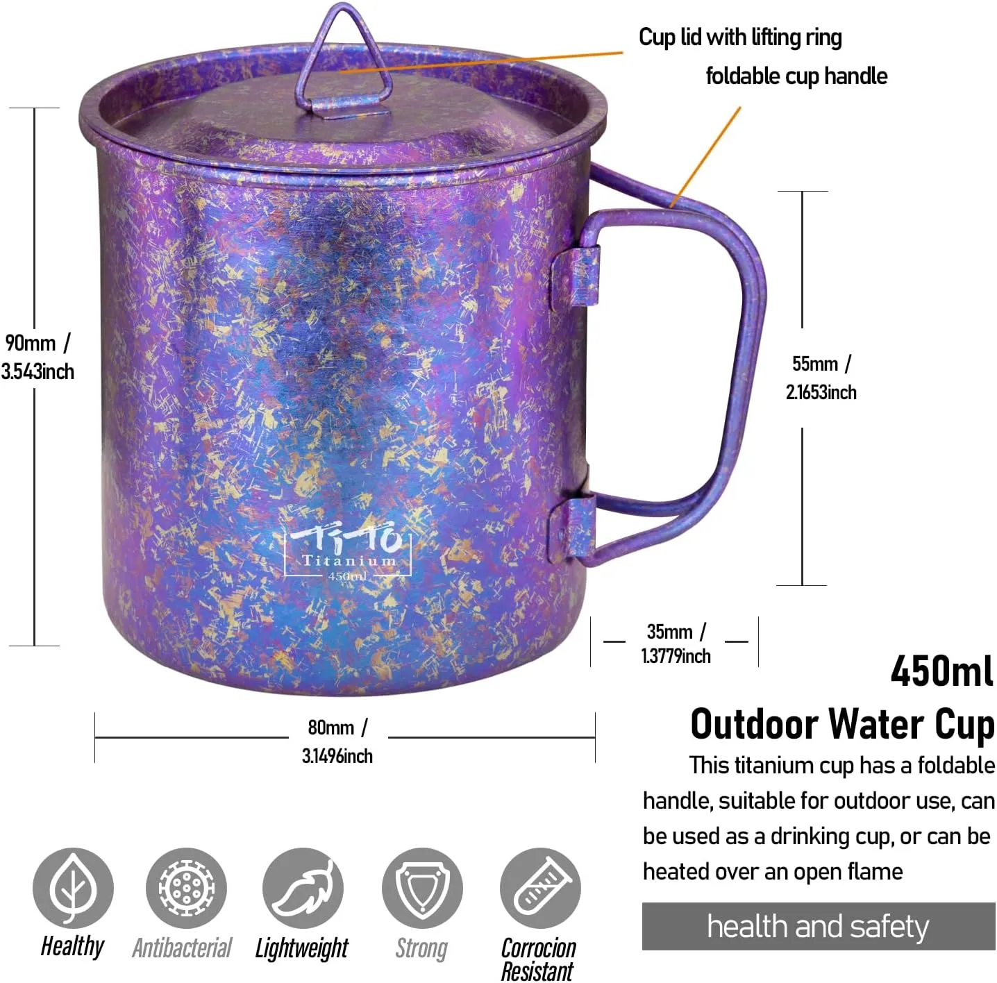TiTo Titanium Cup Titanium Pot with Lid Ultralight Portable 450ml Foldable Handle Camping Tea Coffee Water Mug for Outdoor Backpacking Hiking Picnic Drinkware with Mesh Sack (Purple)