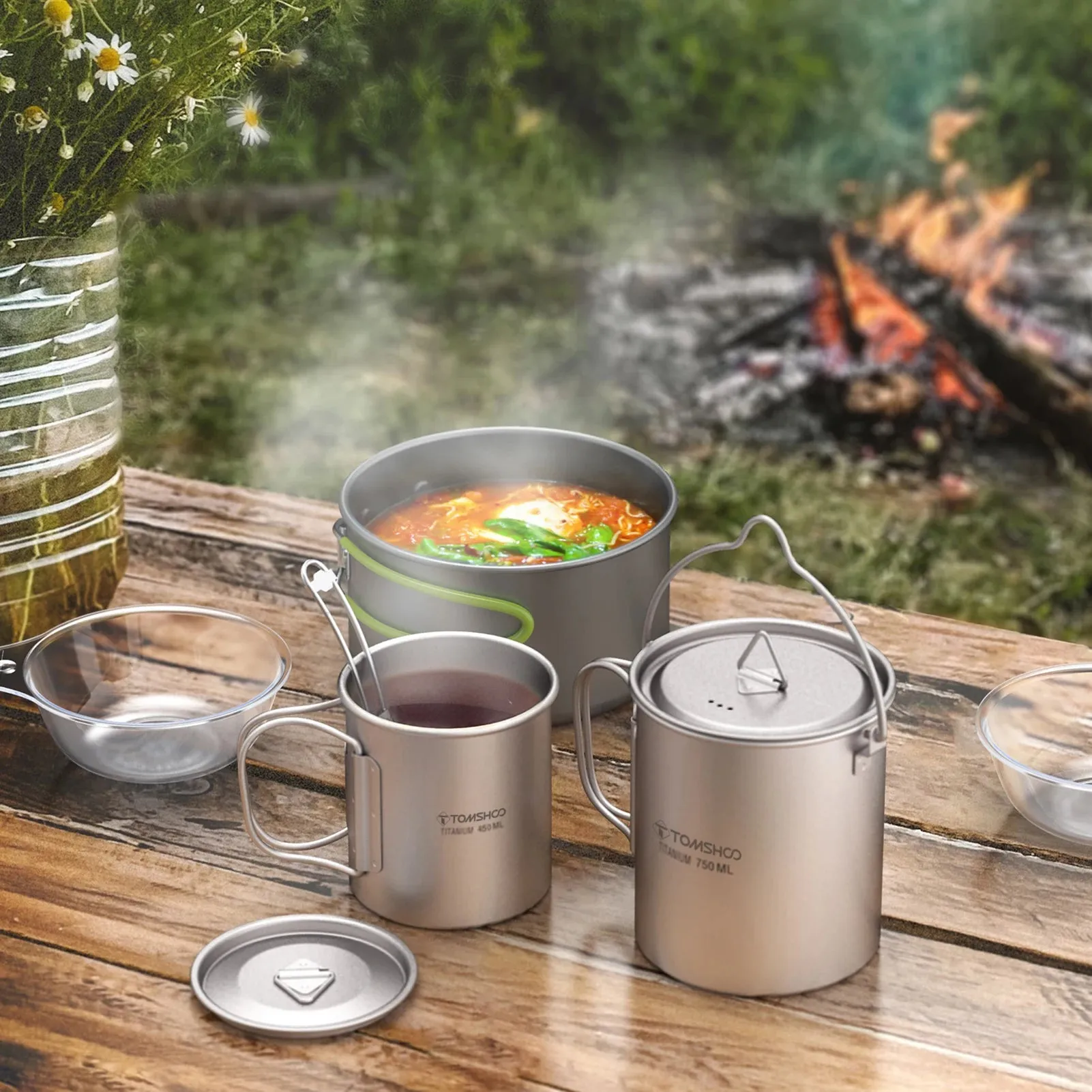 TOMSHOO 3-Piece Titanium Cookware Set – Ultralight Pot, Cup & Spork for Camping & Backpacking