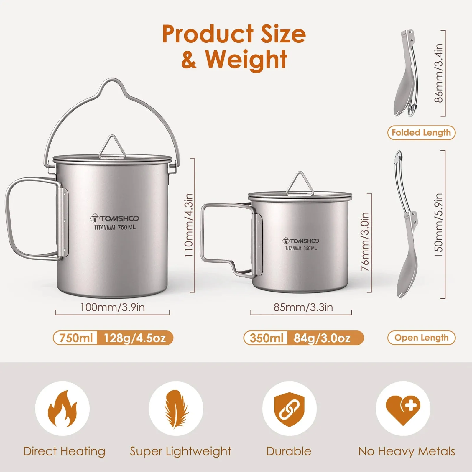 TOMSHOO 3-Piece Titanium Cookware Set – Ultralight Pot, Cup & Spork for Camping & Backpacking