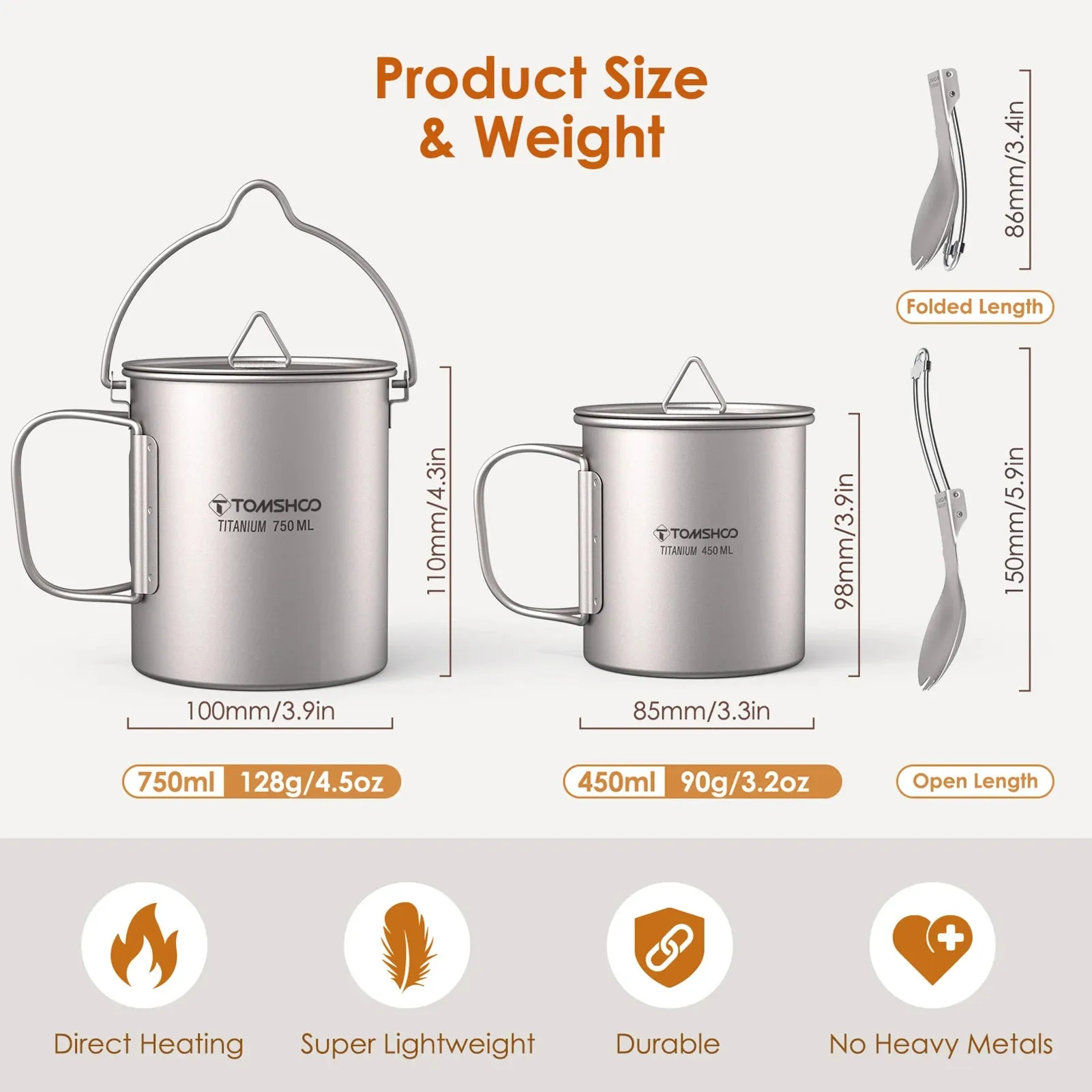 TOMSHOO 3-Piece Titanium Cookware Set – Ultralight Pot, Cup & Spork for Camping & Backpacking