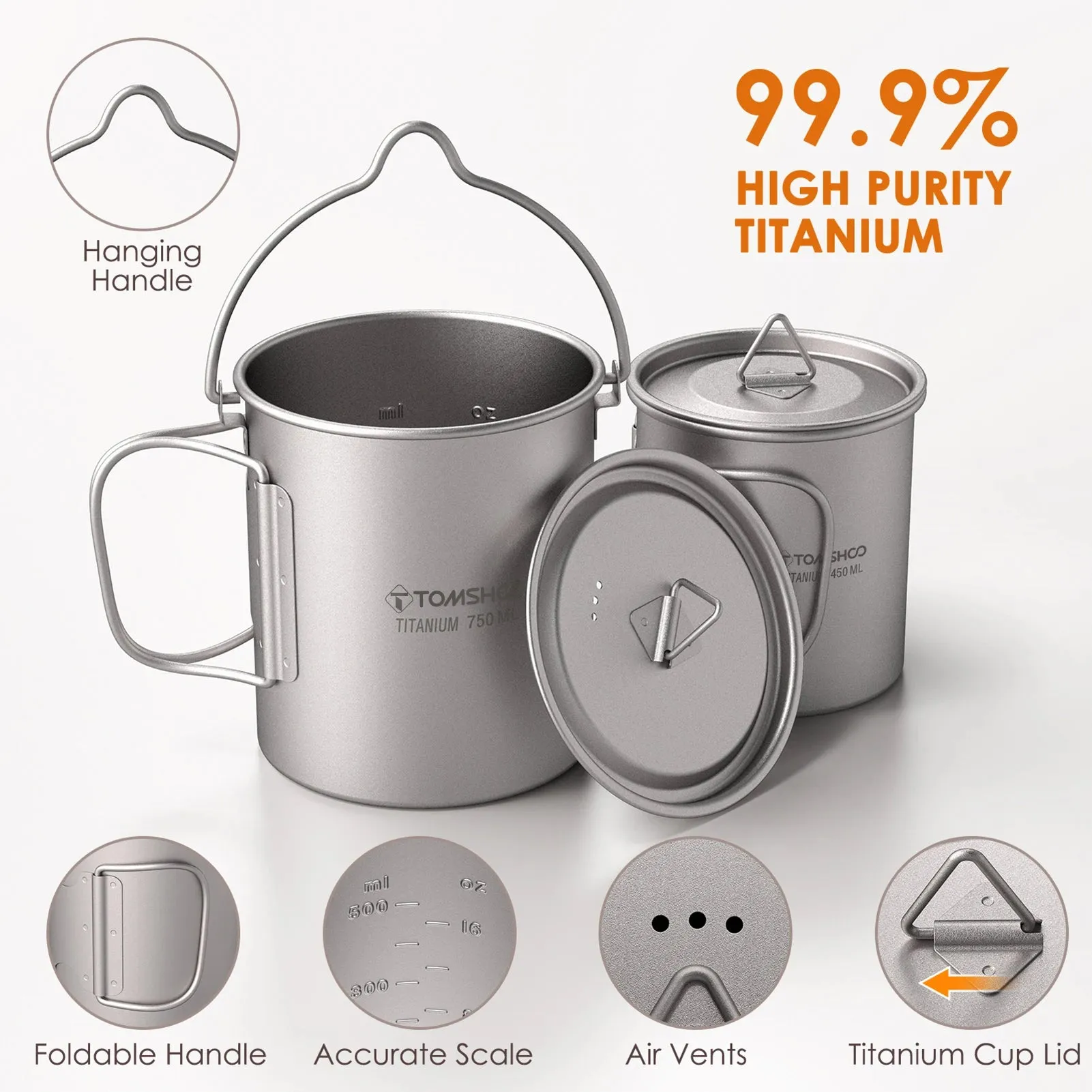 TOMSHOO 3-Piece Titanium Cookware Set – Ultralight Pot, Cup & Spork for Camping & Backpacking