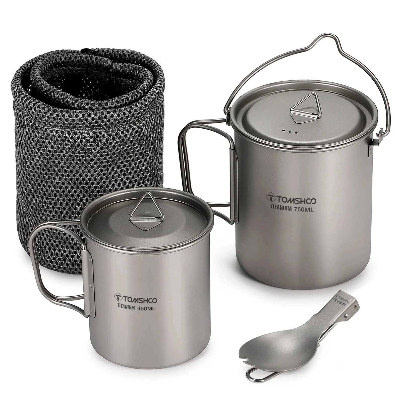 TOMSHOO 3-Piece Titanium Cookware Set – Ultralight Pot, Cup & Spork for Camping & Backpacking