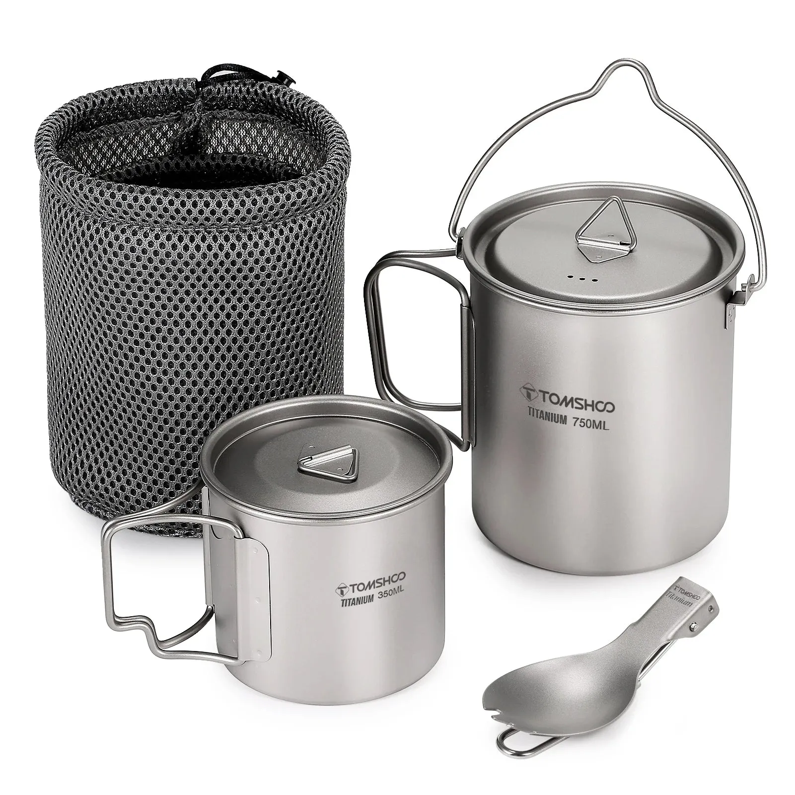 TOMSHOO 3-Piece Titanium Cookware Set – Ultralight Pot, Cup & Spork for Camping & Backpacking