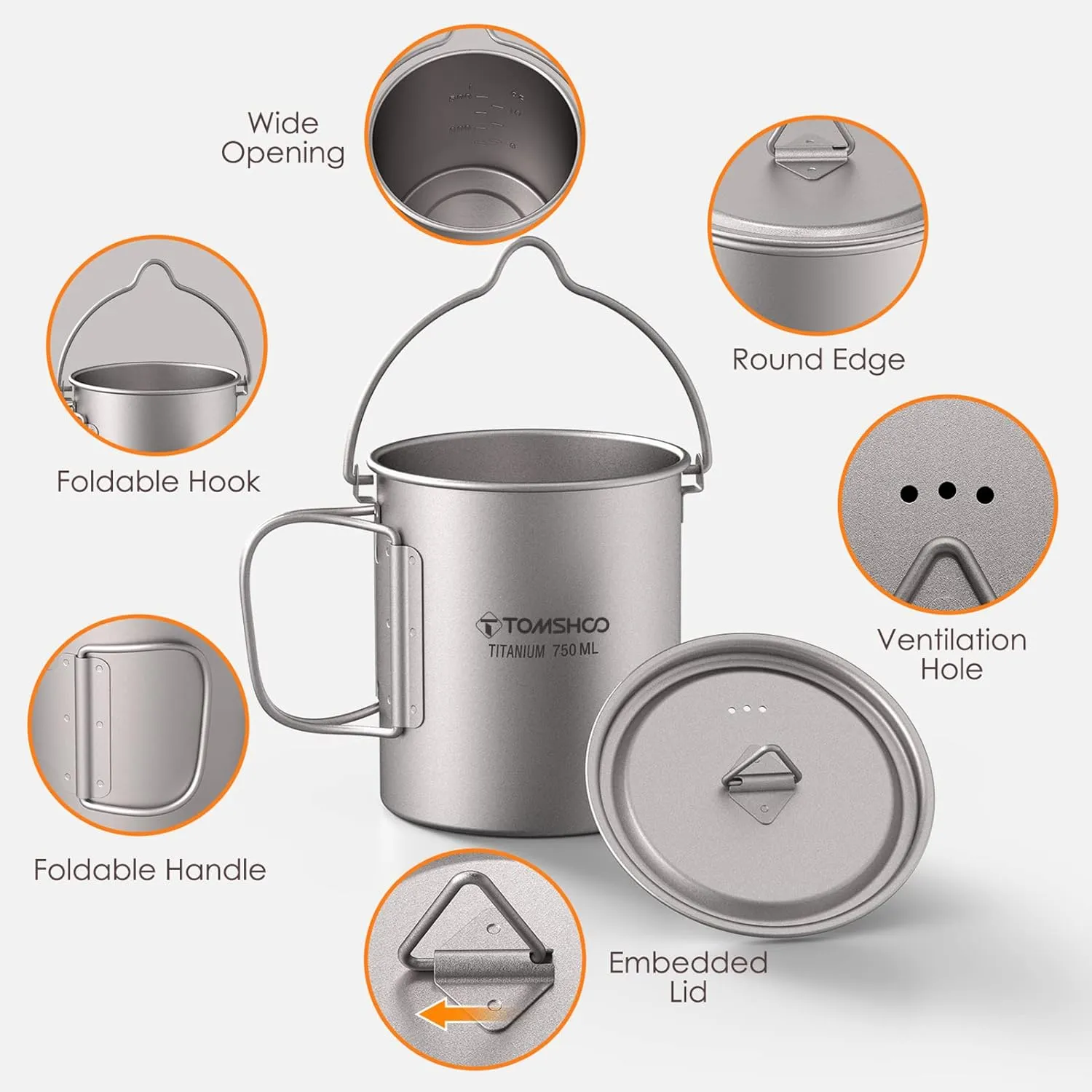 TOMSHOO Titanium Pot 750ml/25.4 oz Outdoor Mug with Lid - Foldable Handle for Camping, Hiking, Travelling, Backpacking, Open Fire