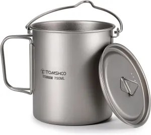 TOMSHOO Titanium Pot 750ml/25.4 oz Outdoor Mug with Lid - Foldable Handle for Camping, Hiking, Travelling, Backpacking, Open Fire