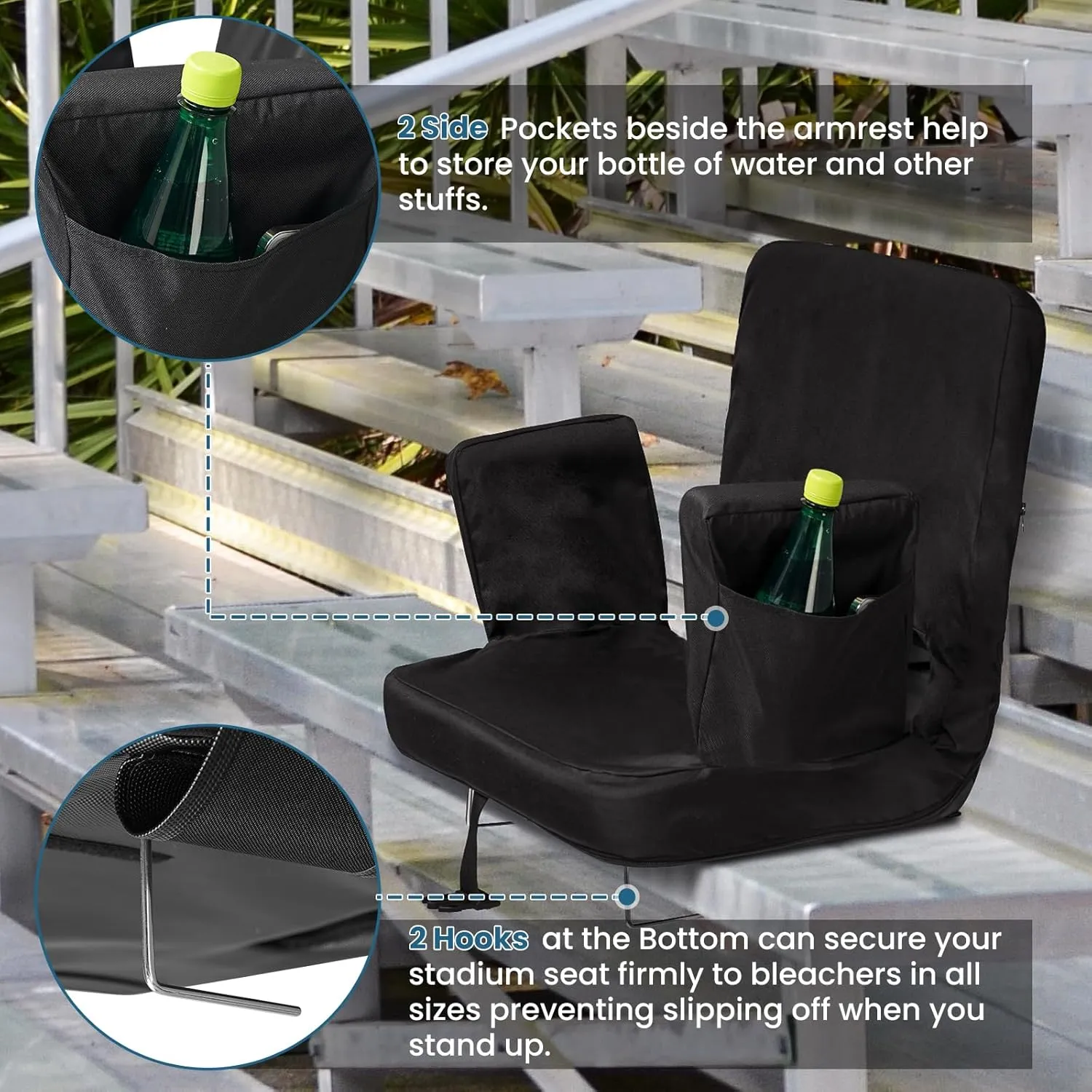 TOPSKY Stadium Seat with Back Support, Extra Wide 21.2”Width (Seat 19.5”), 3 Reclining Positions, Wide Bleacher Seats with 2 Hook, Picnic Seat (Black)