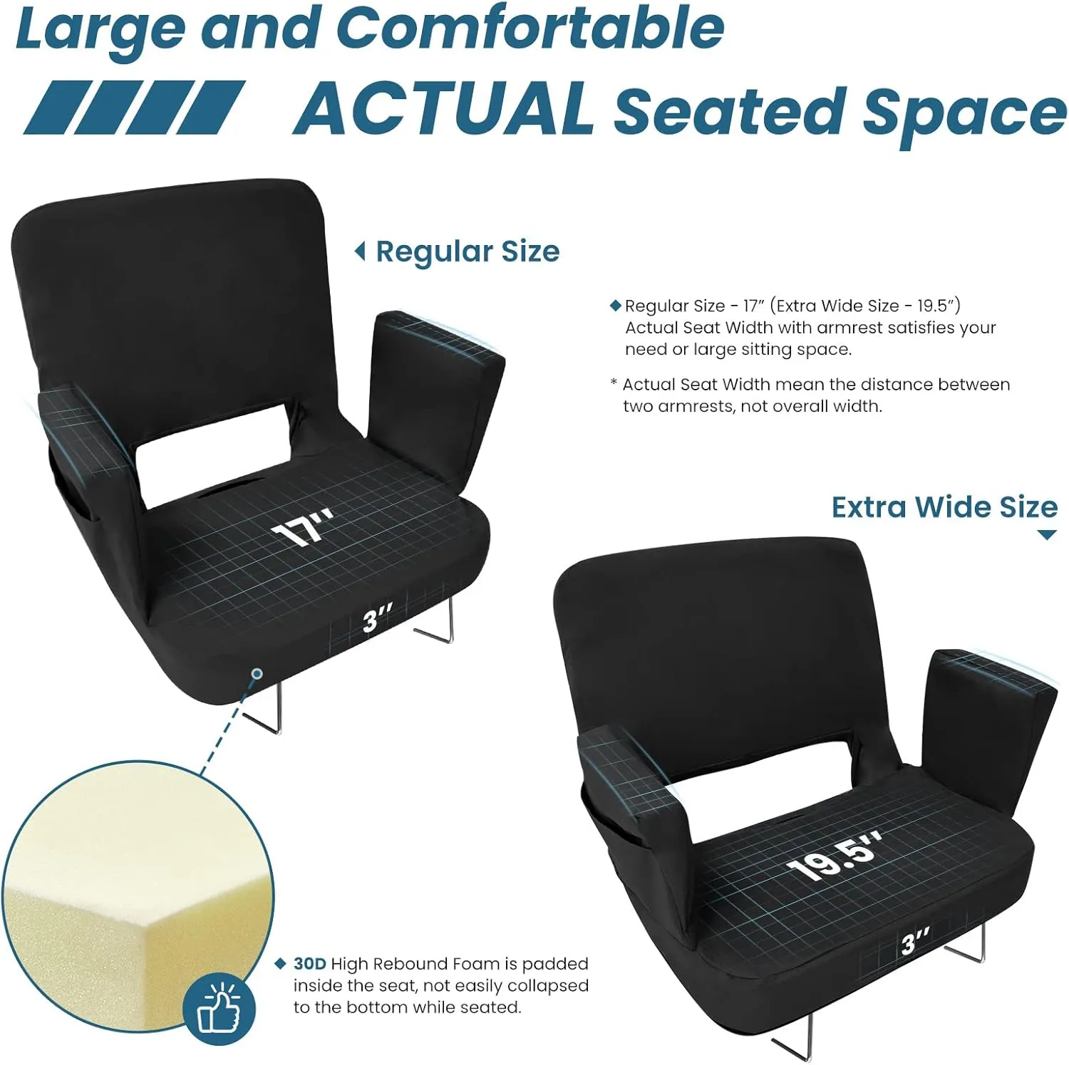 TOPSKY Stadium Seat with Back Support, Extra Wide 21.2”Width (Seat 19.5”), 3 Reclining Positions, Wide Bleacher Seats with 2 Hook, Picnic Seat (Black)