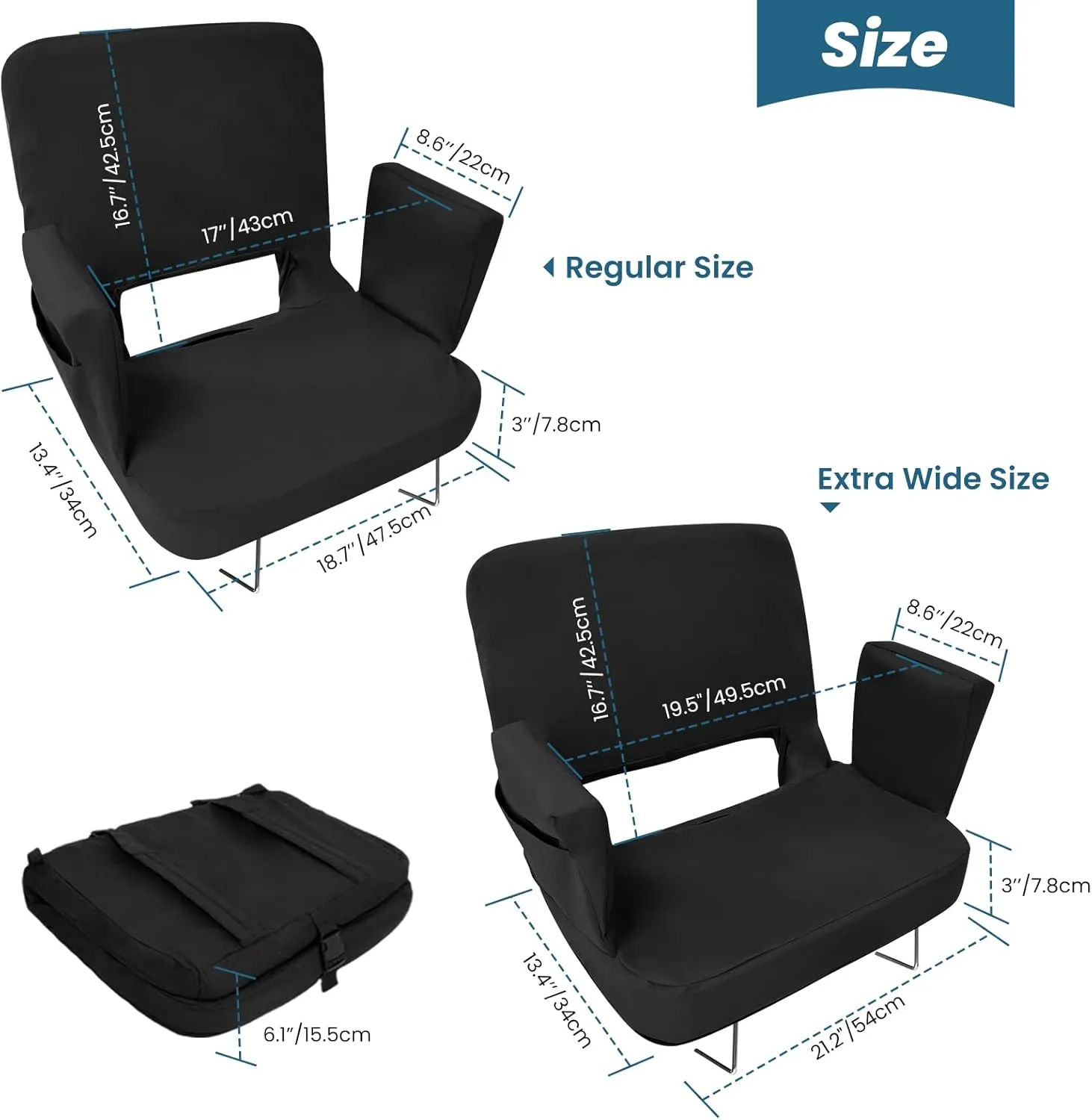 TOPSKY Stadium Seat with Back Support, Extra Wide 21.2”Width (Seat 19.5”), 3 Reclining Positions, Wide Bleacher Seats with 2 Hook, Picnic Seat (Black)