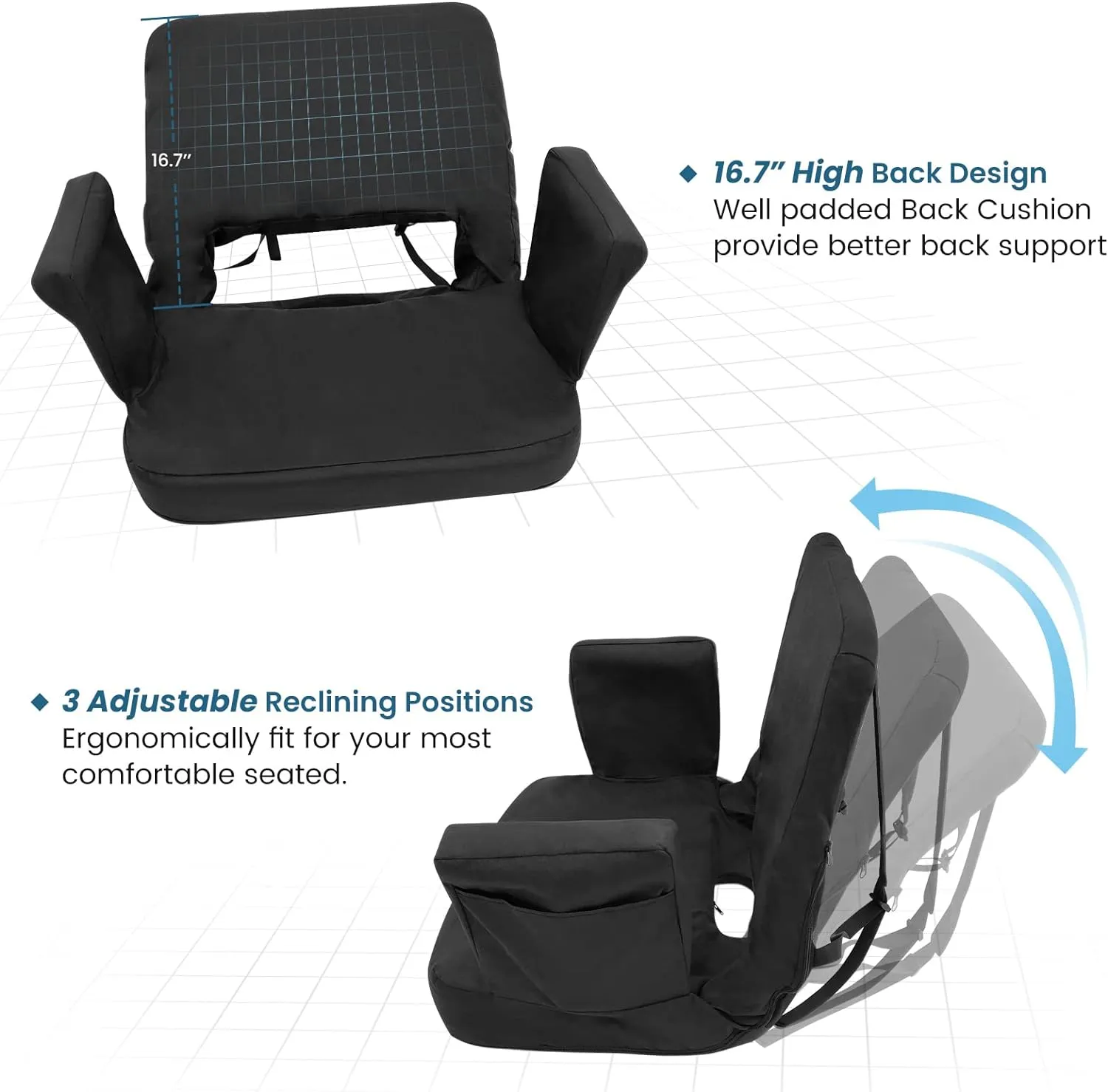 TOPSKY Stadium Seat with Back Support, Extra Wide 21.2”Width (Seat 19.5”), 3 Reclining Positions, Wide Bleacher Seats with 2 Hook, Picnic Seat (Black)
