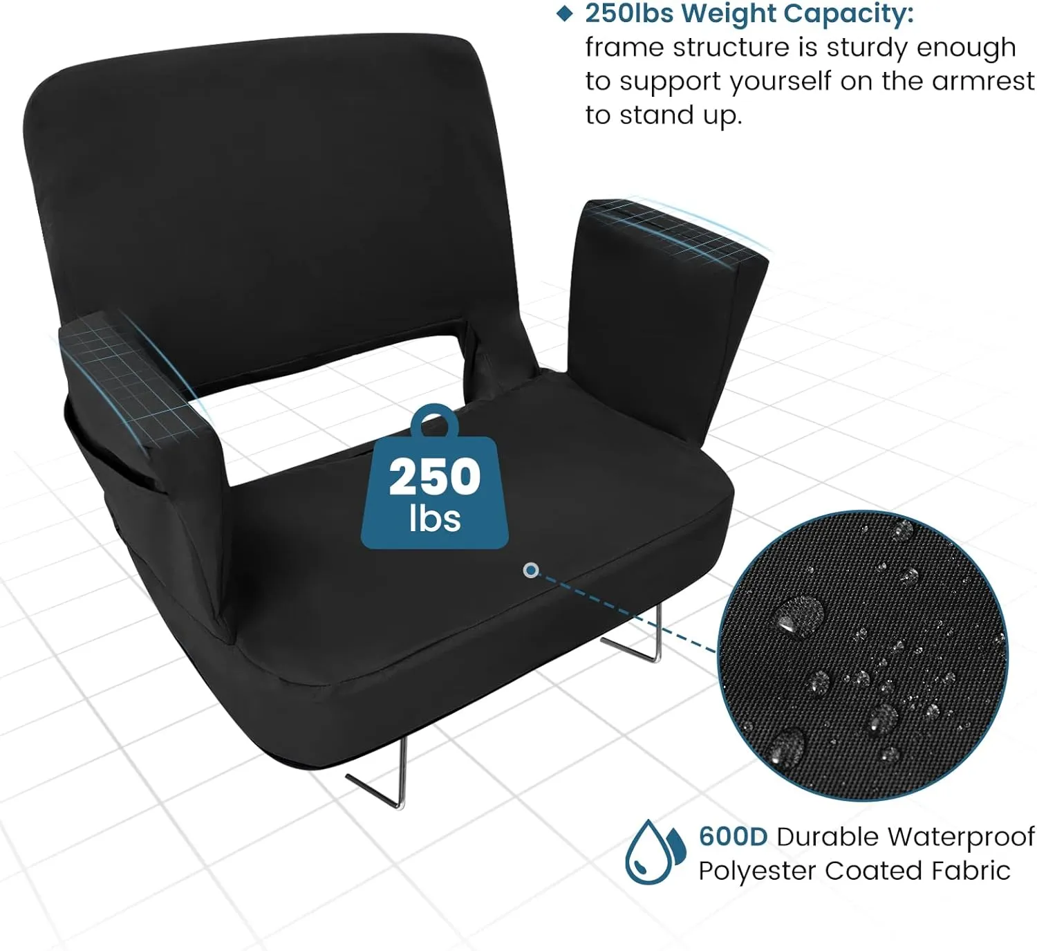 TOPSKY Stadium Seat with Back Support, Extra Wide 21.2”Width (Seat 19.5”), 3 Reclining Positions, Wide Bleacher Seats with 2 Hook, Picnic Seat (Black)