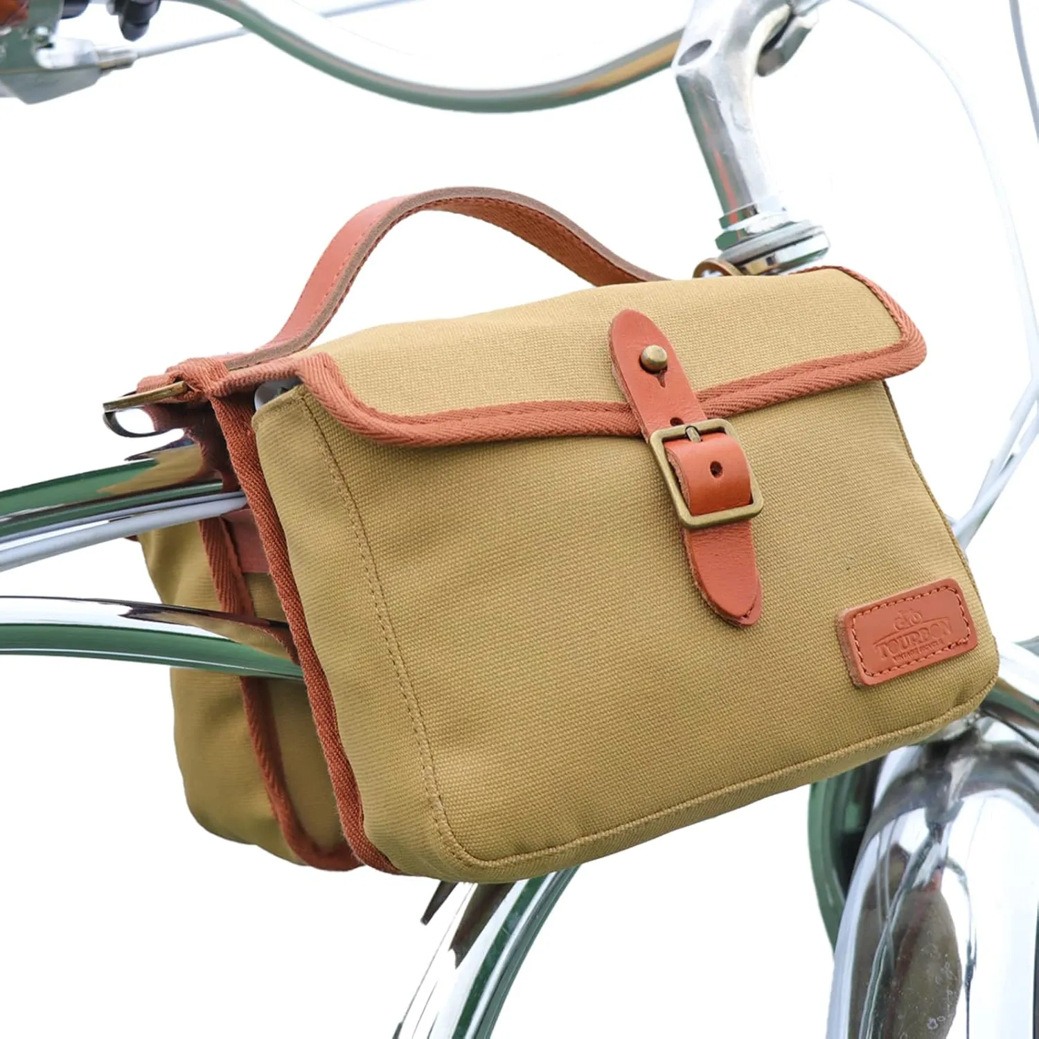 TOURBON Canvas Bike Top Tube Bag Double Pannier Bike Front Frame Pouch (Khaki)