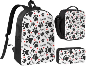 Trace Doodle Paw of cat Prints Backpack Set Lightweight Laptop Backpack Lunch Bag with Pencil Case for Women Men Travel Work