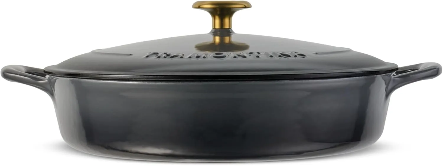 Tramontina Enameled Cast Iron Braiser Pan with Lid, 4-quart, Smoke with Gold Knob