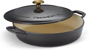Tramontina Enameled Cast Iron Braiser Pan with Lid, 4-quart, Smoke with Gold Knob