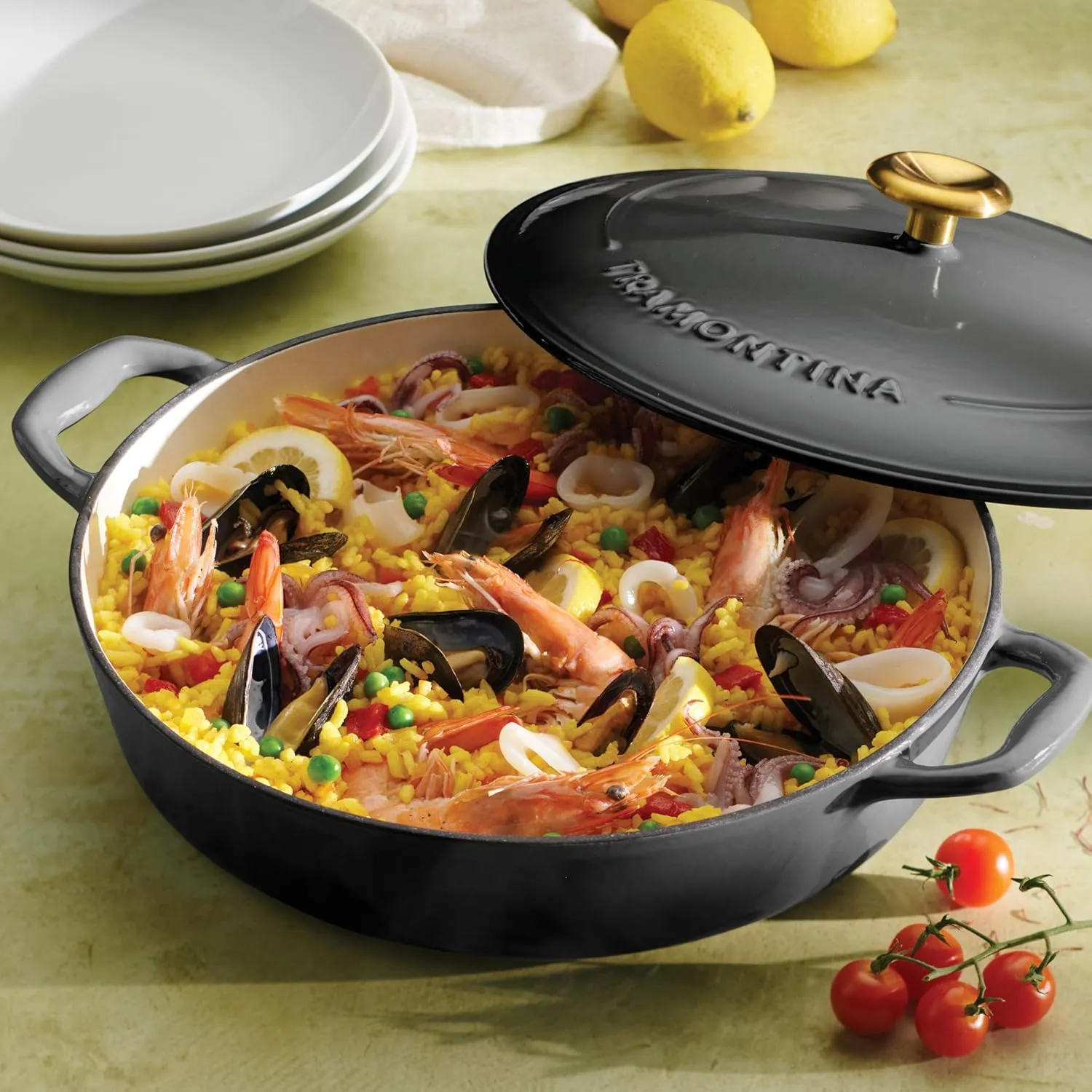 Tramontina Enameled Cast Iron Braiser Pan with Lid, 4-quart, Smoke with Gold Knob