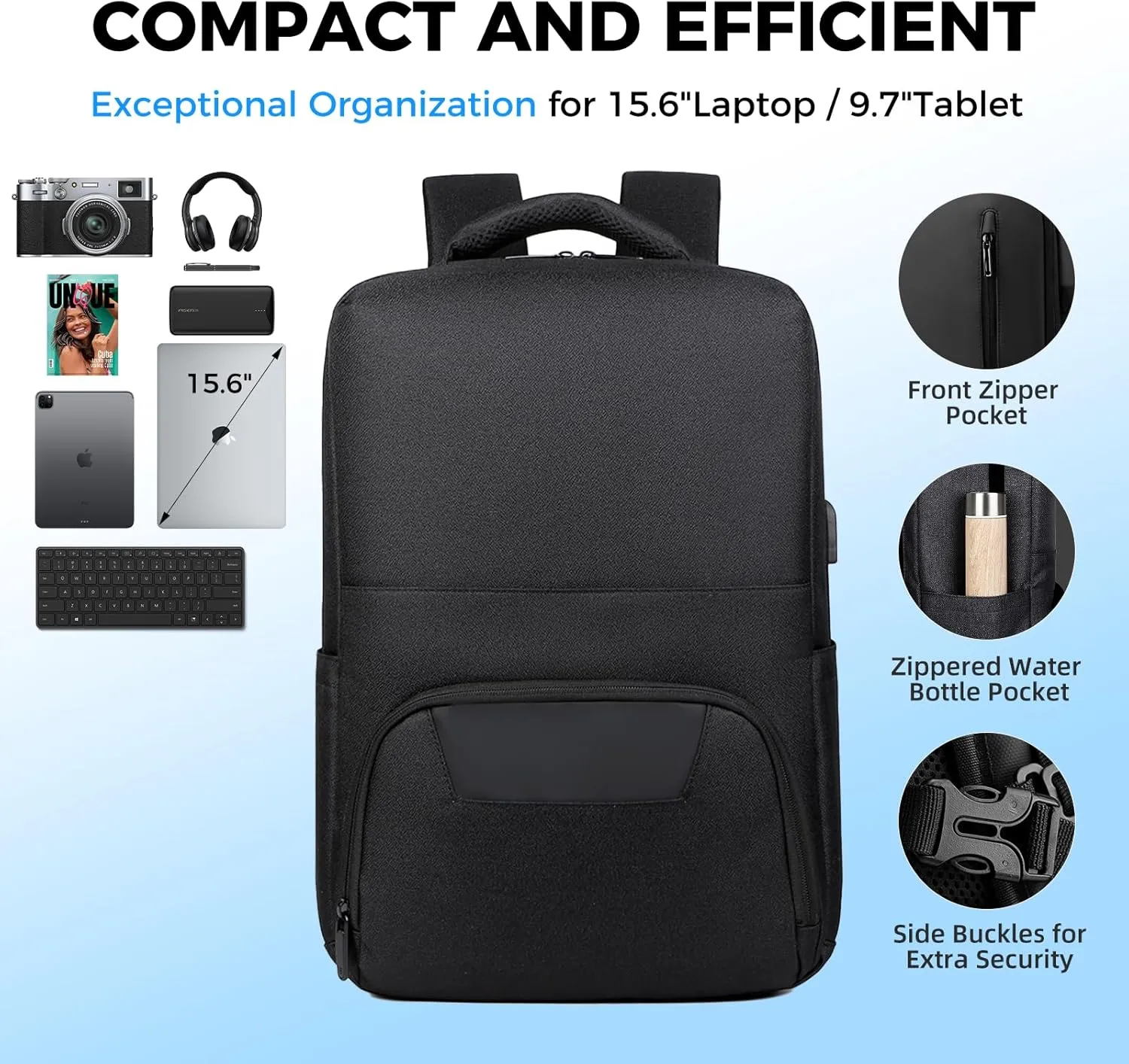 Travel Backpack for Men Women, Carry on Backpack, TSA 16.3 inch Laptop Backpack Flight Approved, Waterproof Personal Item Travel Bag, Business Work Weekender Bag Daypack Luggage - Black