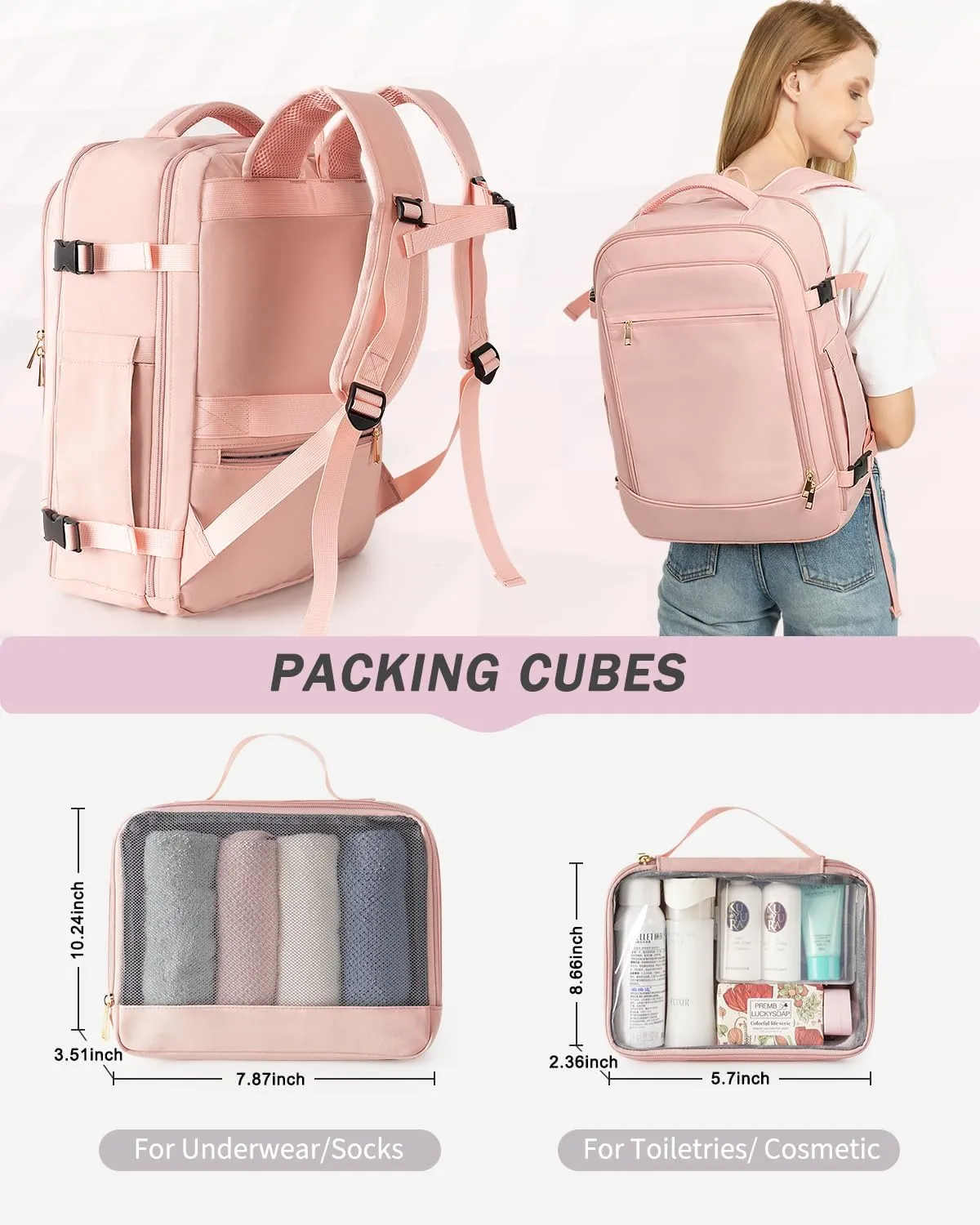 Travel Backpack for Women Men, 40L Carry on Flight Approved Backpack, Personal Item Travel Bag with Multi-Pockets, Waterproof Travel Bag Fits 17 Inch Laptop, Gift for Weekender, College, Work, Pink