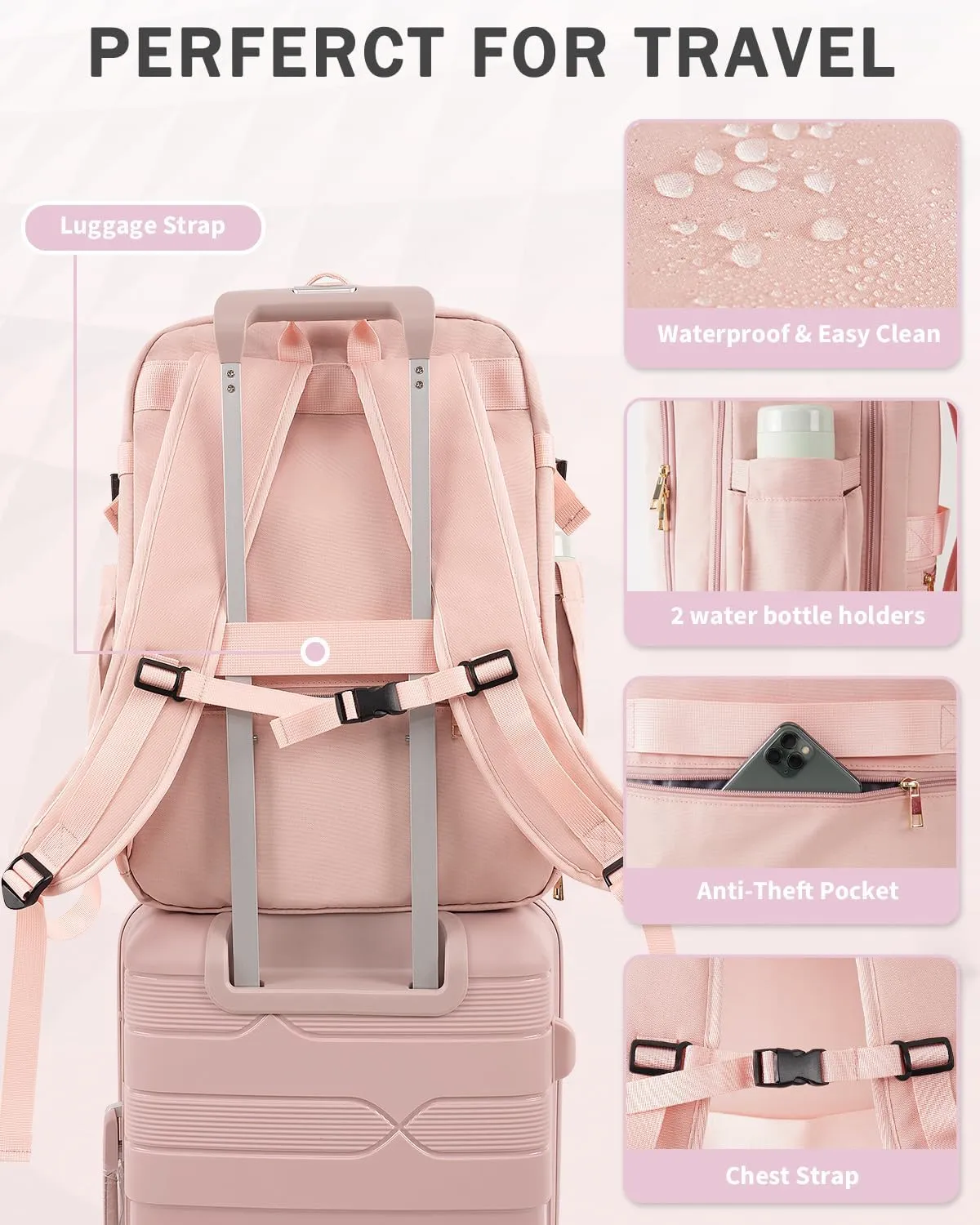 Travel Backpack for Women Men, 40L Carry on Flight Approved Backpack, Personal Item Travel Bag with Multi-Pockets, Waterproof Travel Bag Fits 17 Inch Laptop, Gift for Weekender, College, Work, Pink