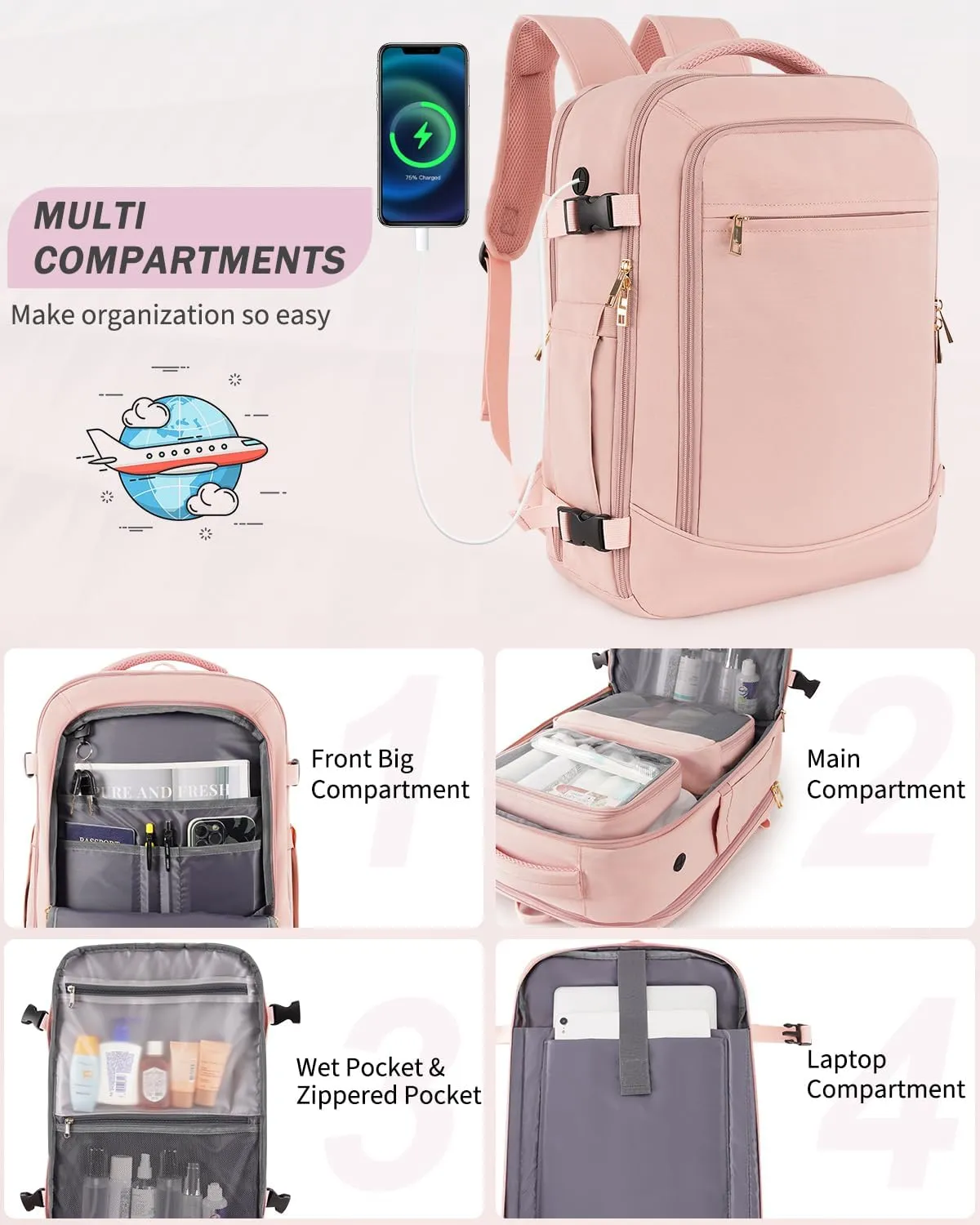 Travel Backpack for Women Men, 40L Carry on Flight Approved Backpack, Personal Item Travel Bag with Multi-Pockets, Waterproof Travel Bag Fits 17 Inch Laptop, Gift for Weekender, College, Work, Pink