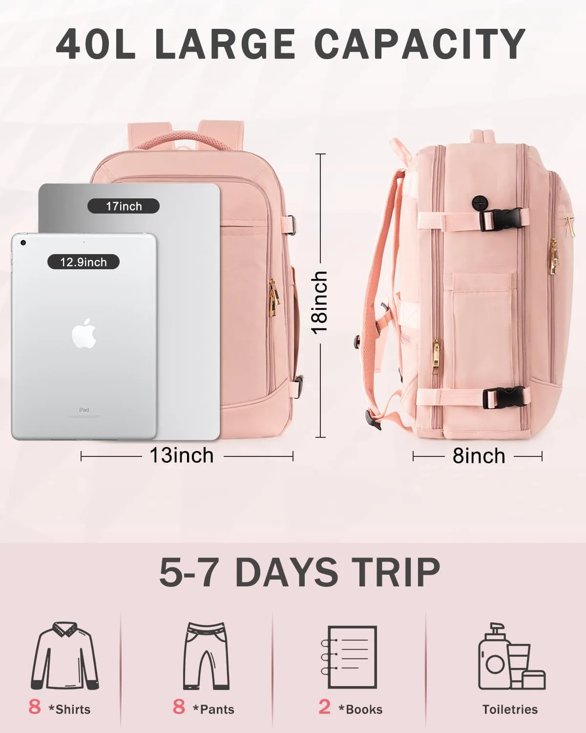 Travel Backpack for Women Men, 40L Carry on Flight Approved Backpack, Personal Item Travel Bag with Multi-Pockets, Waterproof Travel Bag Fits 17 Inch Laptop, Gift for Weekender, College, Work, Pink
