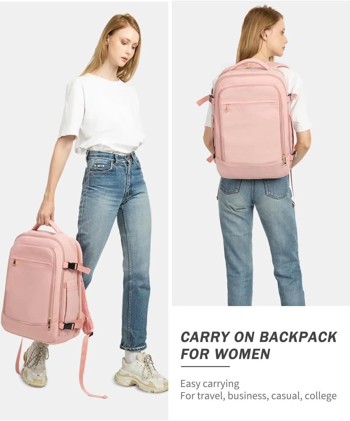 Travel Backpack for Women Men, 40L Carry on Flight Approved Backpack, Personal Item Travel Bag with Multi-Pockets, Waterproof Travel Bag Fits 17 Inch Laptop, Gift for Weekender, College, Work, Pink