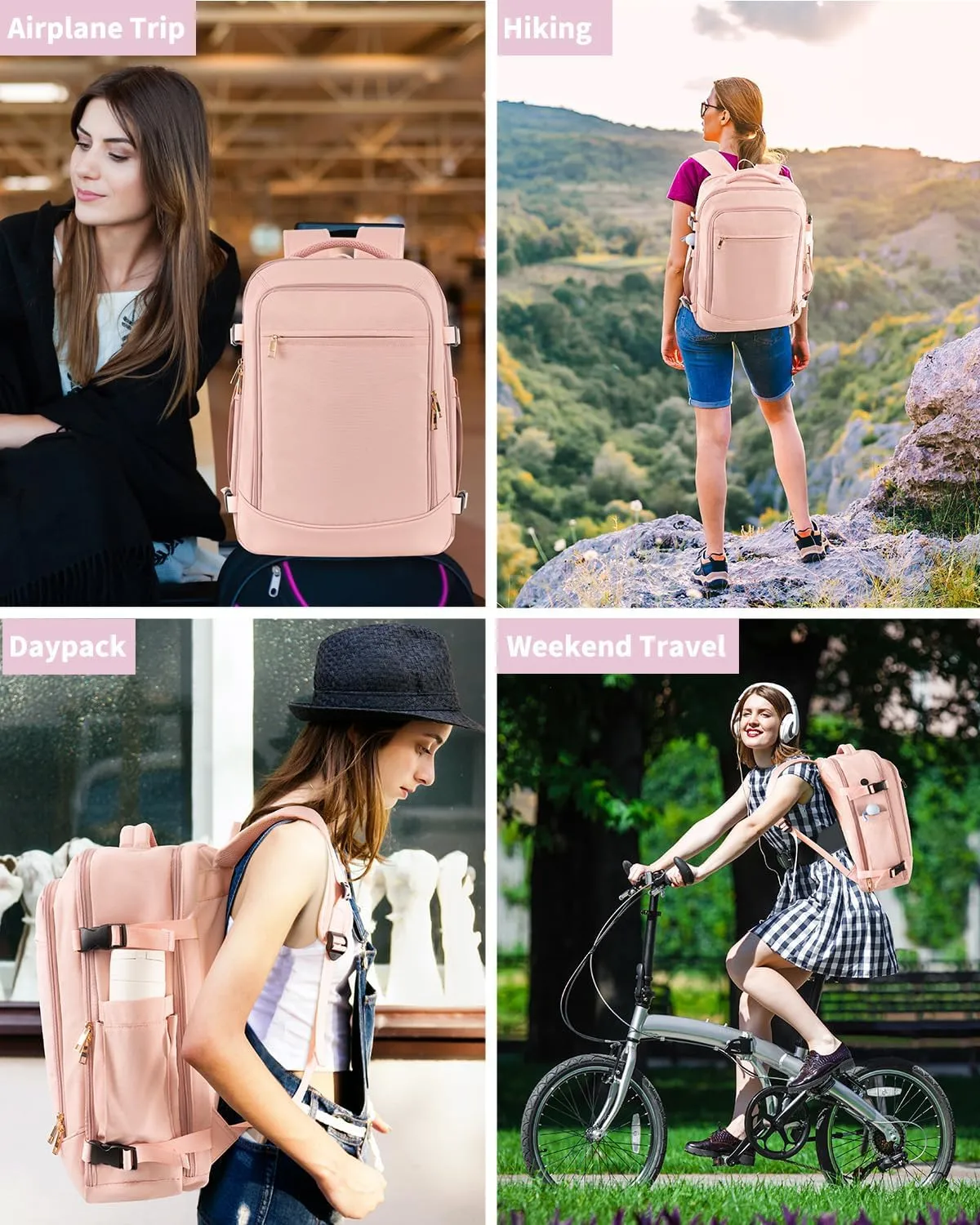 Travel Backpack for Women Men, 40L Carry on Flight Approved Backpack, Personal Item Travel Bag with Multi-Pockets, Waterproof Travel Bag Fits 17 Inch Laptop, Gift for Weekender, College, Work, Pink